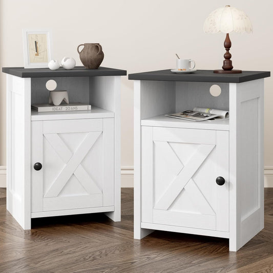 Farmhouse End Table Set of 2, Nightstands with Barn Door and Storage Shelf, Rustic White Bed Side Table for Living Room, Bedroom, Entryway, Office, Small Spaces, White