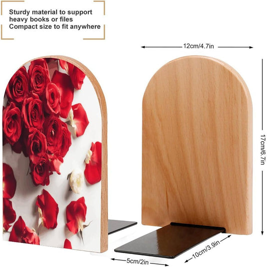 Flowers on Background Bookend for Shelves Wooden Book End Large Size Sturdy Book Holders Stoppers with Metal Base for Bookshelves Slick Decorative Bookends Stands