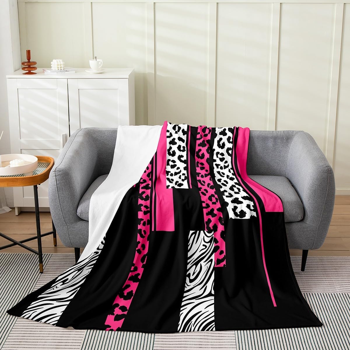 Feelyou Leopard Zebra Plush Throw Blanket, Throw 50"x60" Kids Cheetah Pink White Black Flannel Fleece Blanket for Teens Animal Print All Season,Bed Blanket Breathable Safari Geometric Room Decor