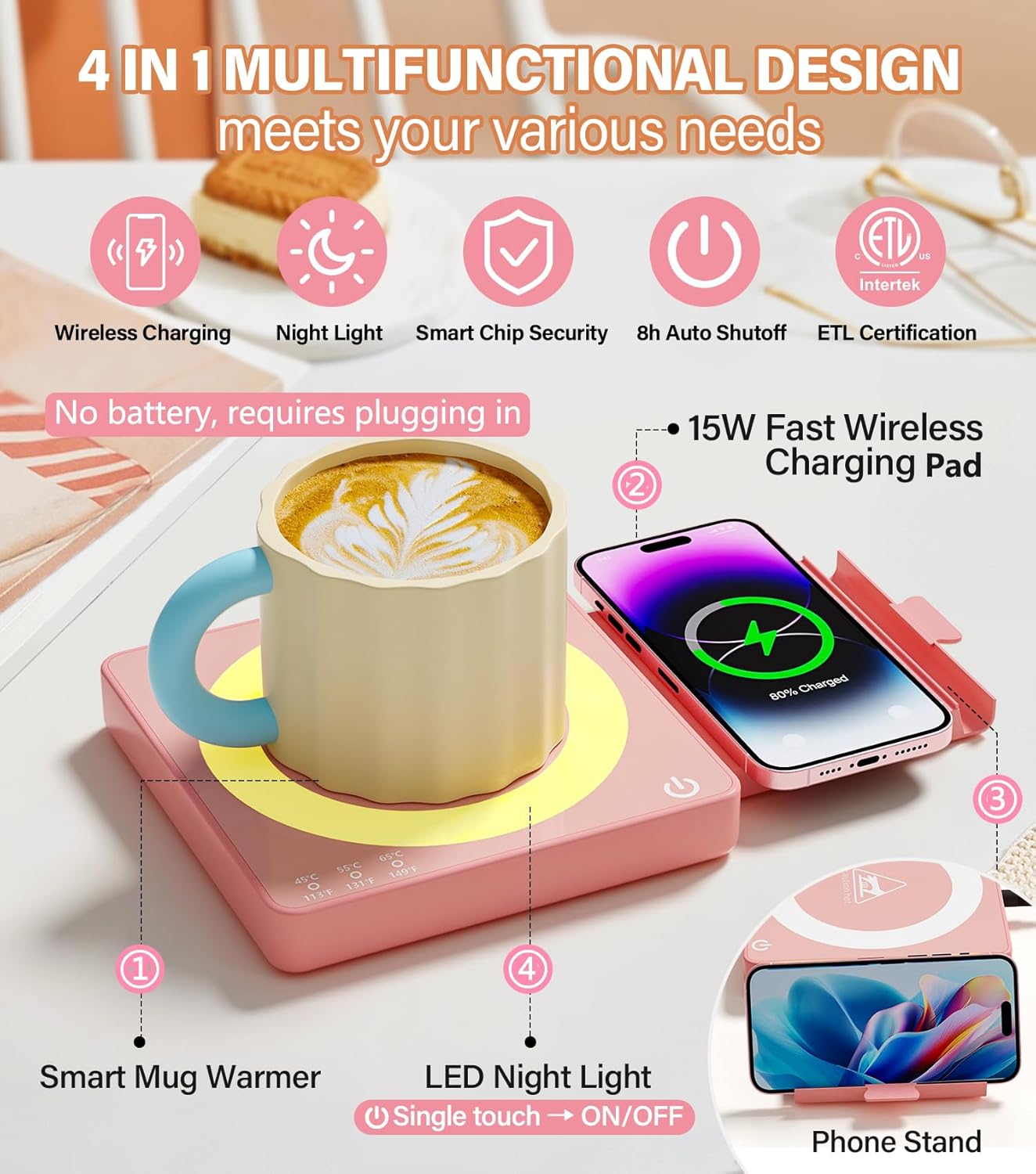 Coffee Mug Warmer for Desk with 15W Wireless Charging Pad, Electric Cup Warmer 3 Temp Settings, Smart Candle Heat Plate, Home Office & Coffee Lover Gifts for Women Valentine's Day Gift for Her, Pink