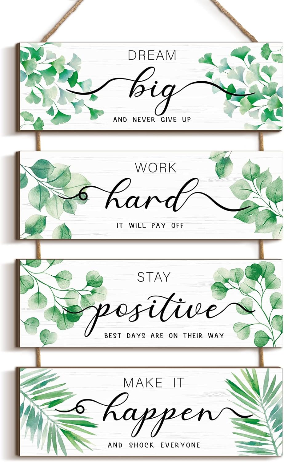 Glenmal 4 Pieces Wooden Inspirational Wall Art Motivational Office Wall Decor Positive Wood Wall Signs With Sayings Greenery Quotes Rustic Hanging Plaque for Home Living Room Bedroom