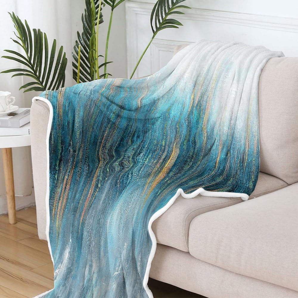 Blue Throw Blanket, Light Blue Fleece Blankets, Turquoise Teal Gold Throw Blankets, Soft Plush Warm Throw for Couch, Bed,Outdoor, Camping Decor, Gifts for Wife, Women, Men, Kids