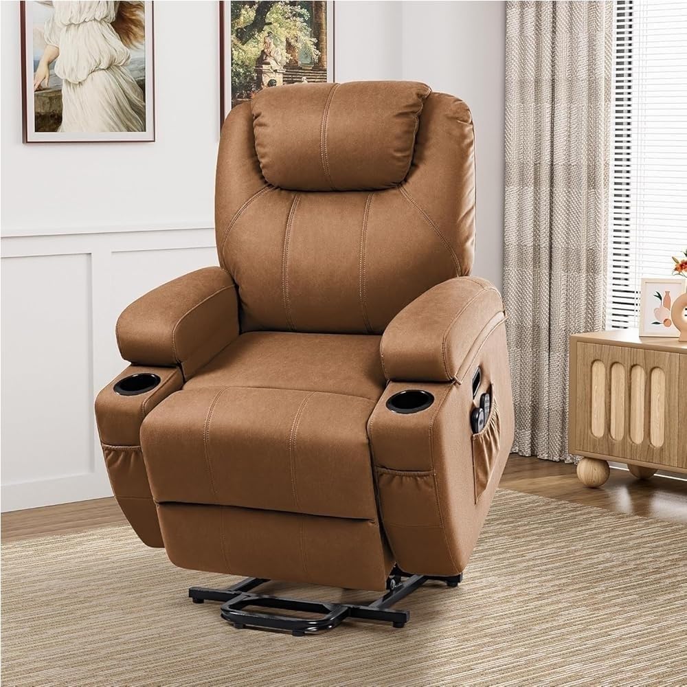 Power Lift USB Type-C Port Side Pockets PU Leather Recliner Chair Massage Heating for Elderly