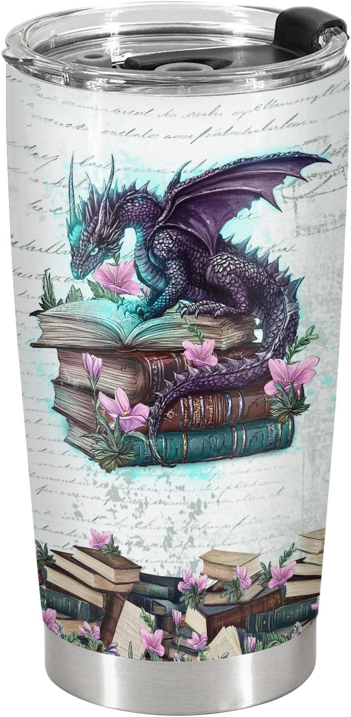 Bookish Dragon Tumbler – It’s Not Hoarding If It’s Books, Fantasy Inspired Stainless Steel Travel Mug with Lid, Bookworm Gift for Men and Women