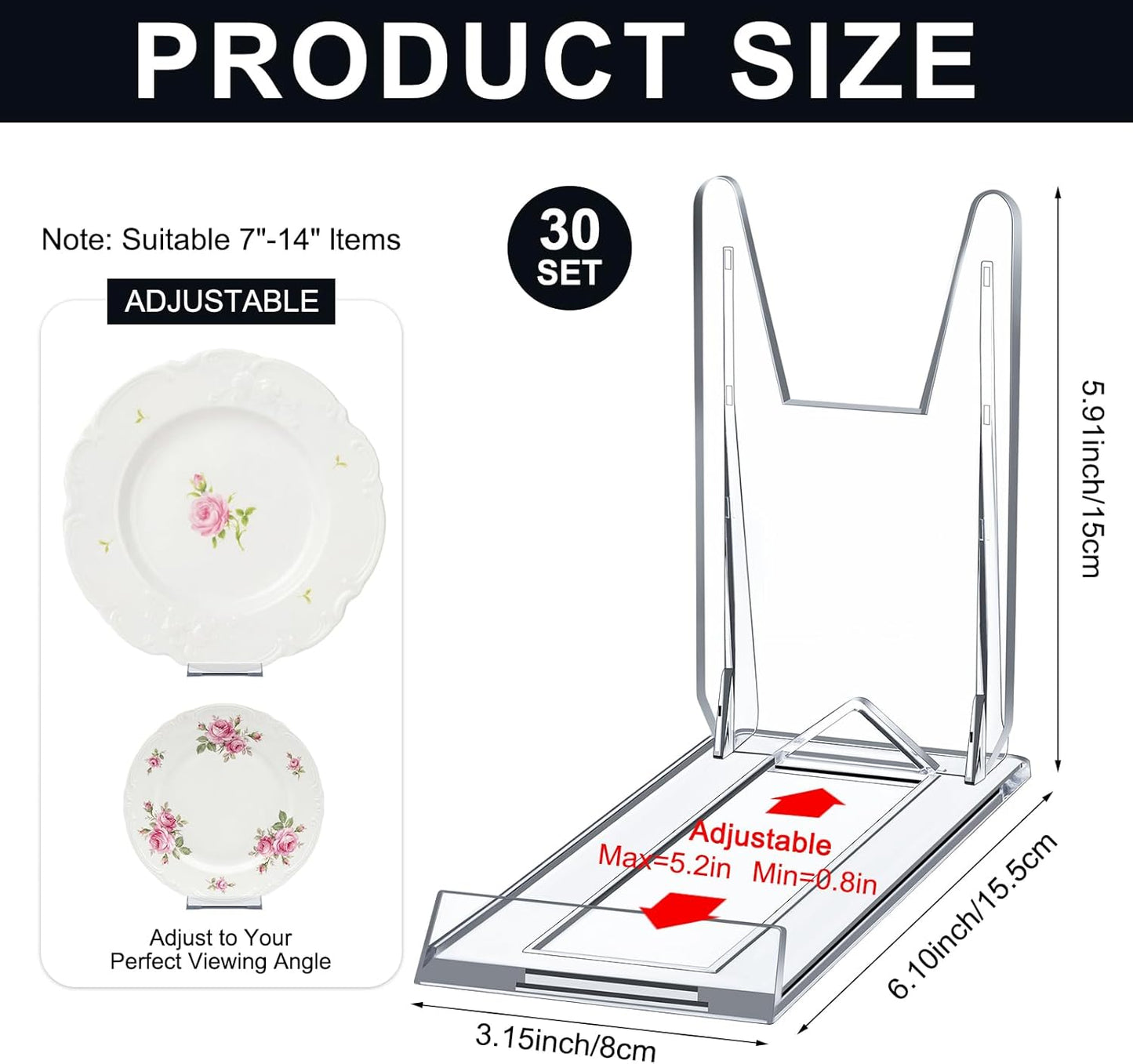 30 Pack 5.91 Inch Acrylic Adjustable Plate Stands for Display Large Clear Stand Holder Picture Plate Holder Clear Easels Stands to Display Pictures for Home Office Festival Party Decoration