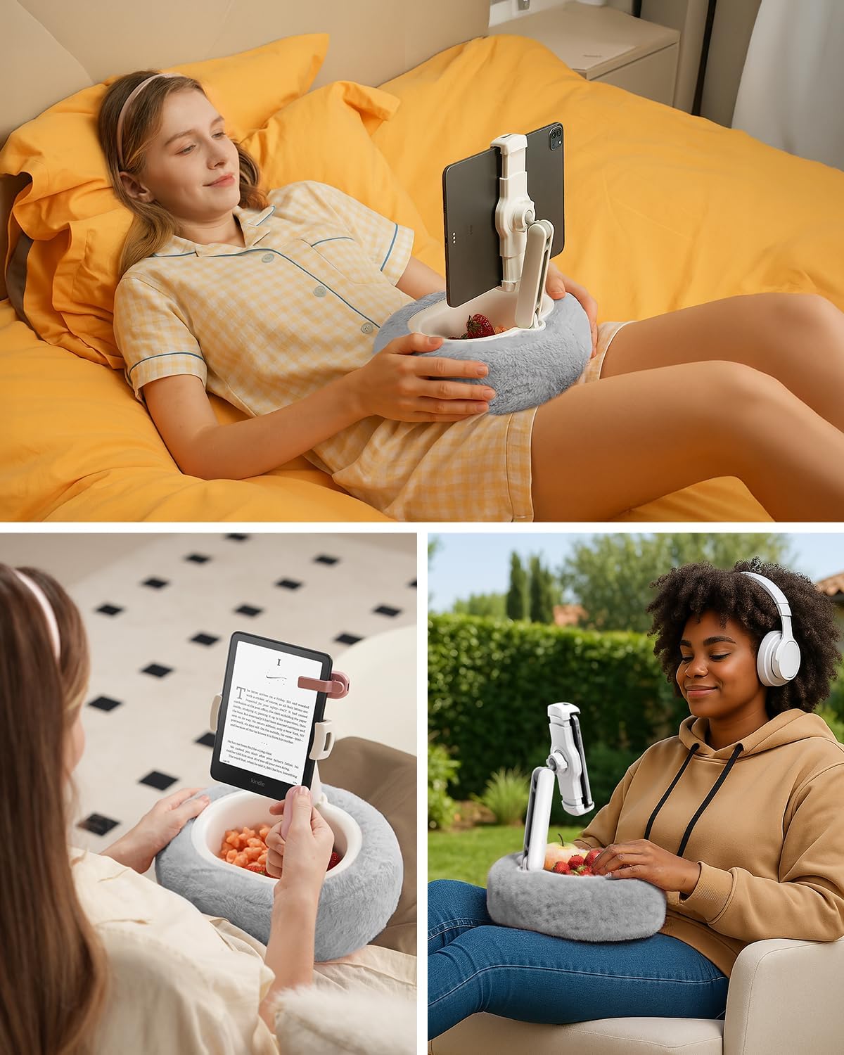 Viozon Tablet Pillow Stand,Kindle Pillow Stand, Compatible with 4-11" Tablet/Phone with Small Bowl, Kindle Holder Accessories,Idea for Reading and Video Watching On Bed,Gray