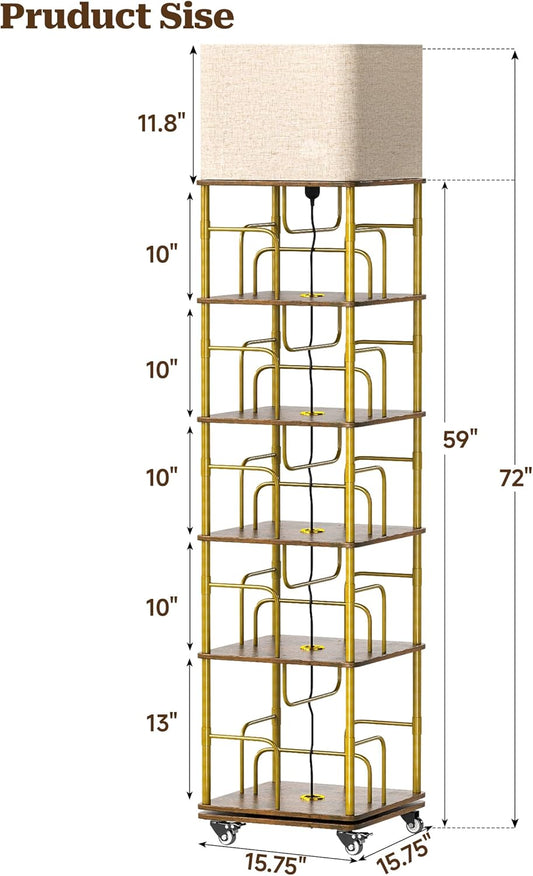 Rotating Bookshelf with Light, Wood Revolving Bookshelf Tower with Wheels, Small Floor Standing Book Organizer, 360 Display Corner for Small Space, 5-Tier