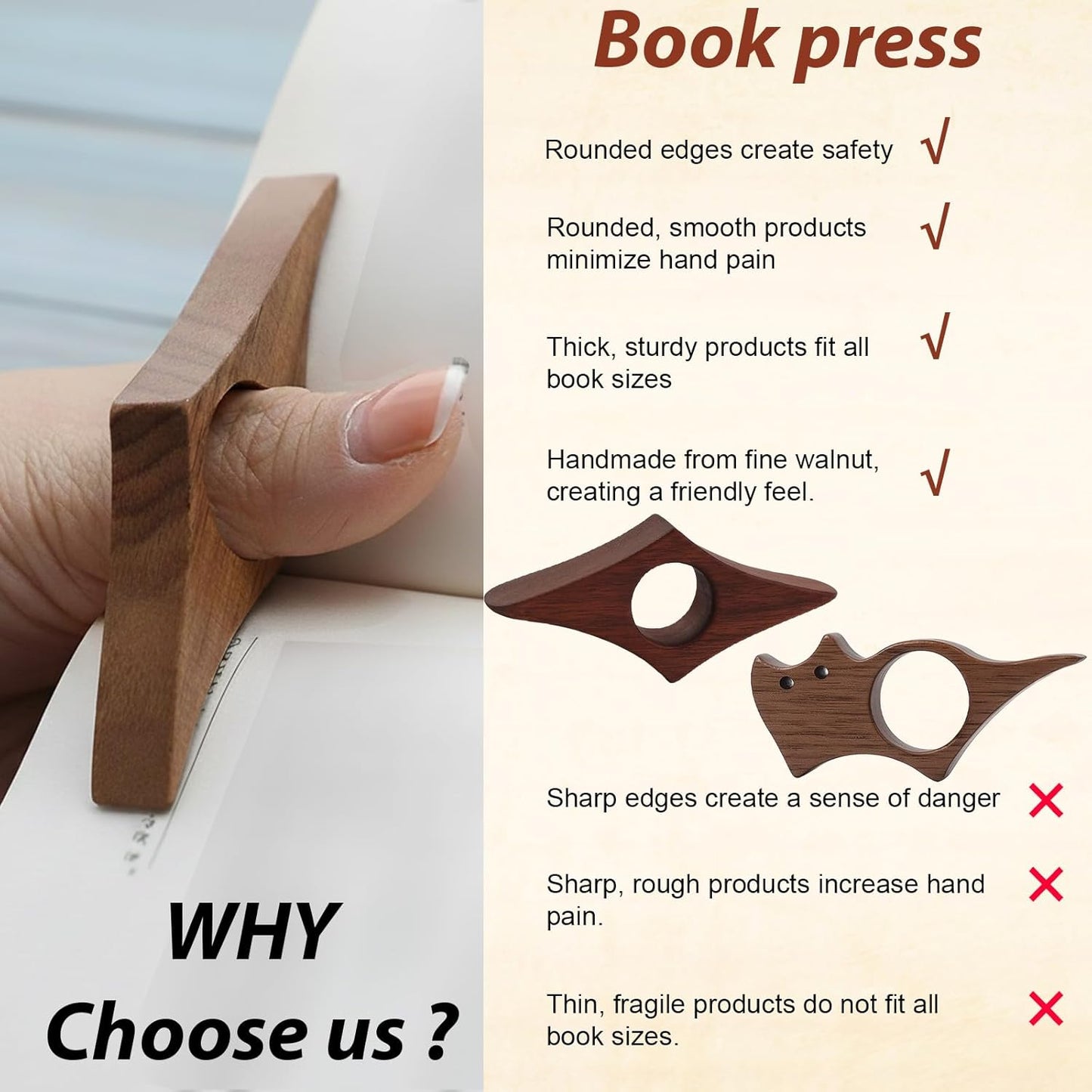 2pc Wooden Book Page Holder, Thumb Book Page Holder, Cat-Shaped Book Holder with Walnut Page Press, Lightweight Design for Reading Comfort