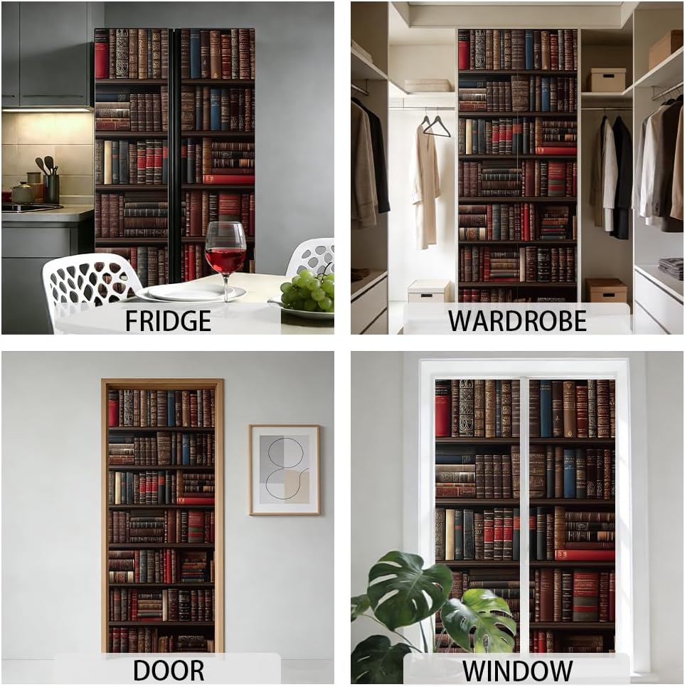2Pcs Vintage Bookshelf Door Sticker Decals Books Removable PVC Door Decals Brown Wood Self-Adhesive Doors Wallpaper for Bedroom Library Cafes Doors 79 * 31in/200 * 80cm
