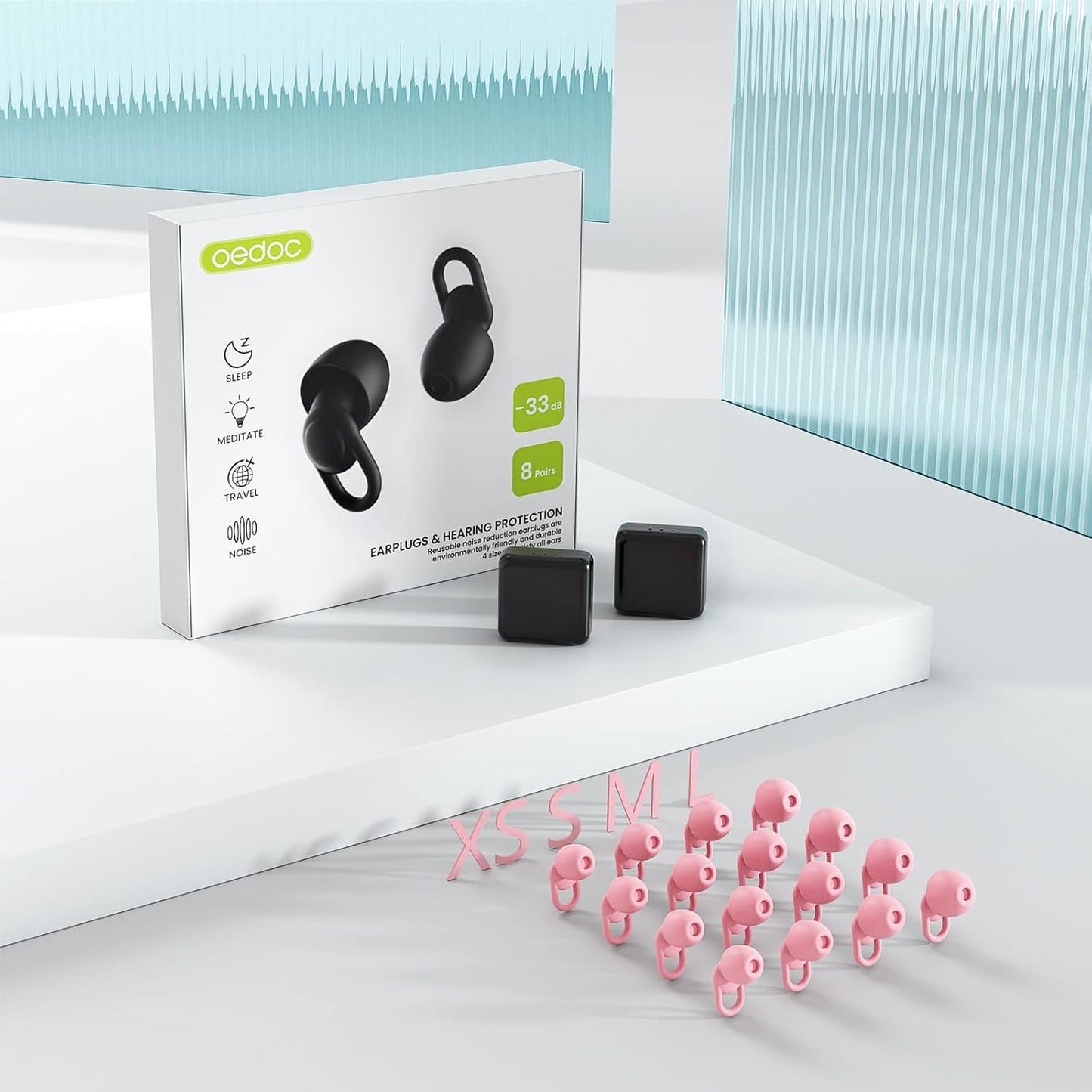 Silicone Reusable Soft Comfortable Earplugs for Sleeping, Flights & Noise Sensitivity - 16 Ear Tips in XS/S/M/L, with 2 Travel Boxes - 33dB Noise Cancelling (Pink)