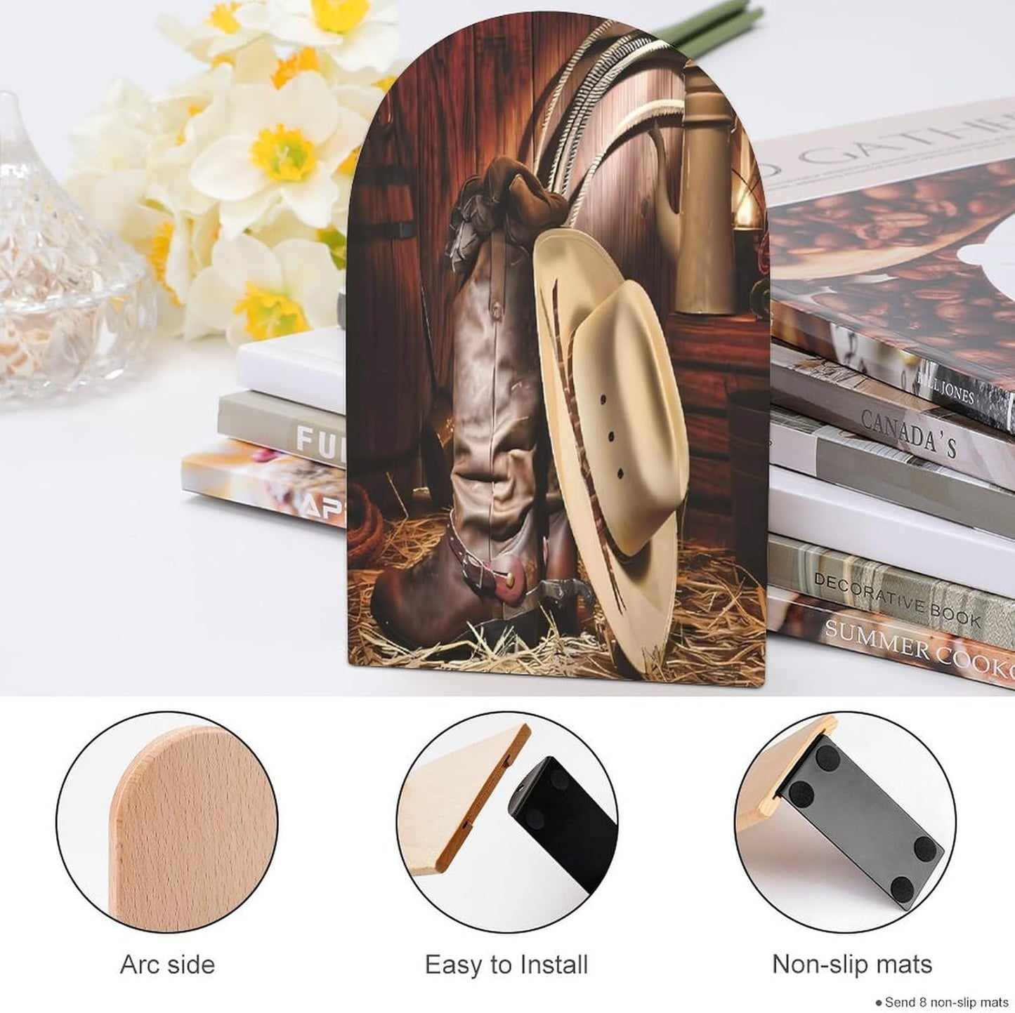 Cowboy Black Hat Western Boots Wooden Bookend Non-Slip Book Ends Heavy Duty Book Stopper with Metal Base Books Holderd Decorative Bookends Stands Firmly for Office Supplies
