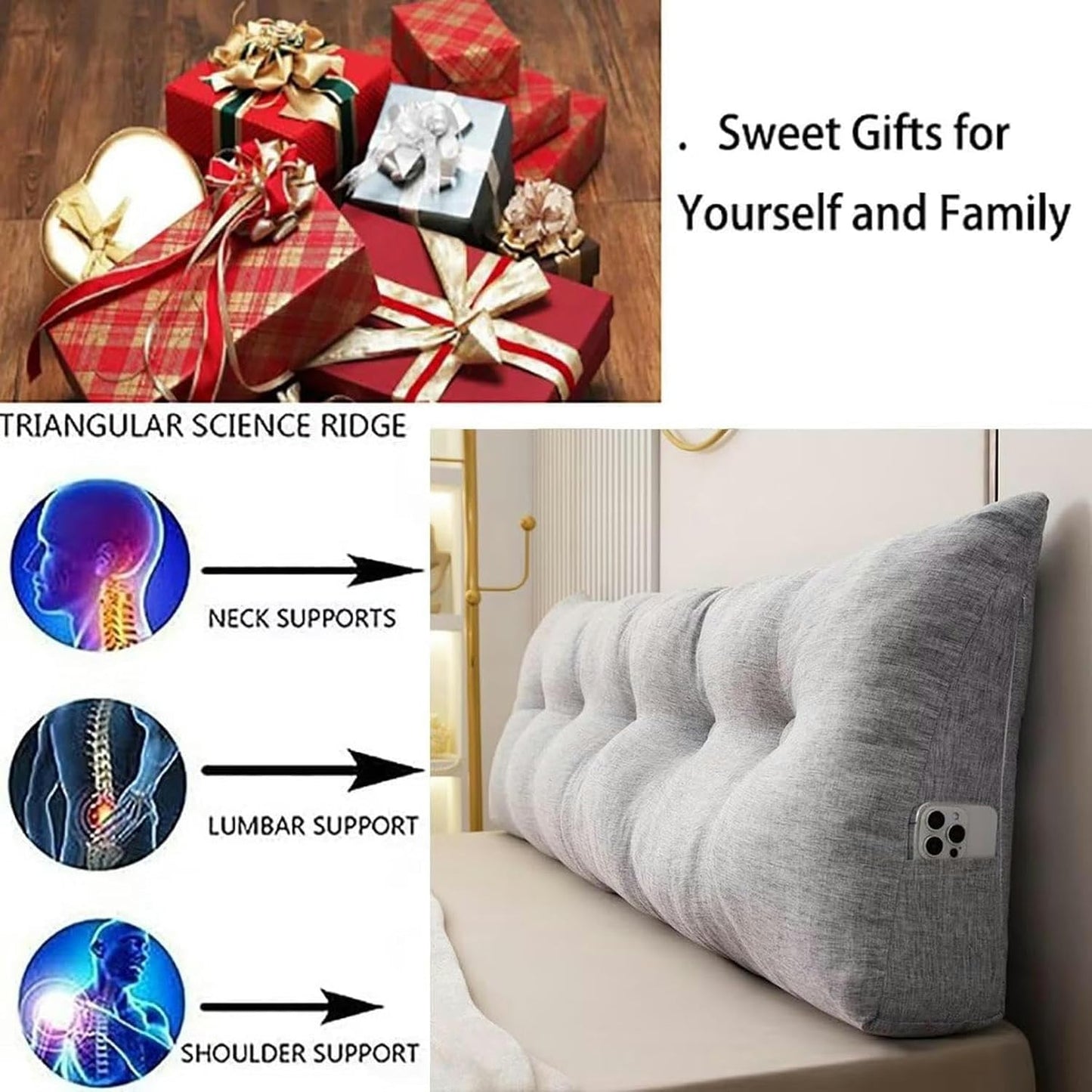 White Headboard Pillow Triangular Reading Wedge Pillow Recliner Backrest Cushion Triangular Headboard Cushion Waist Positioning Upholstery Backrest Pillow for Sitting in Bed