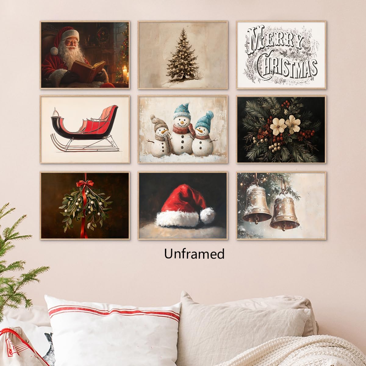 9pcs Christmas Canvas Wall Art, Vintage Santa Claus Reading Book Poster, Rustic Xmas Tree Painting, Warm Snowman Family Picture, Sleigh & Santa Hat Print, Flowers Christmas Prints 8x12in Unframed