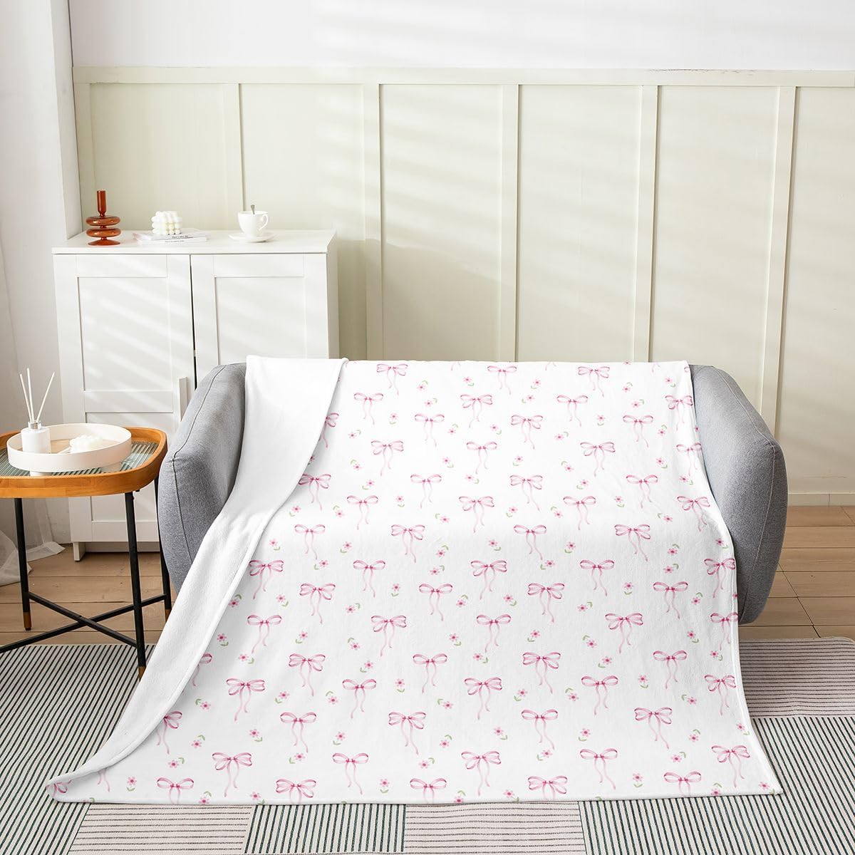 Feelyou Pink Bow Plush Throw Blanket Cute Floral Flannel Blanket Twin 60"x80" Princess Ribbon Bowknot All Season Coquette for Couch Bed Sofa Aesthetic Bedroom Decor