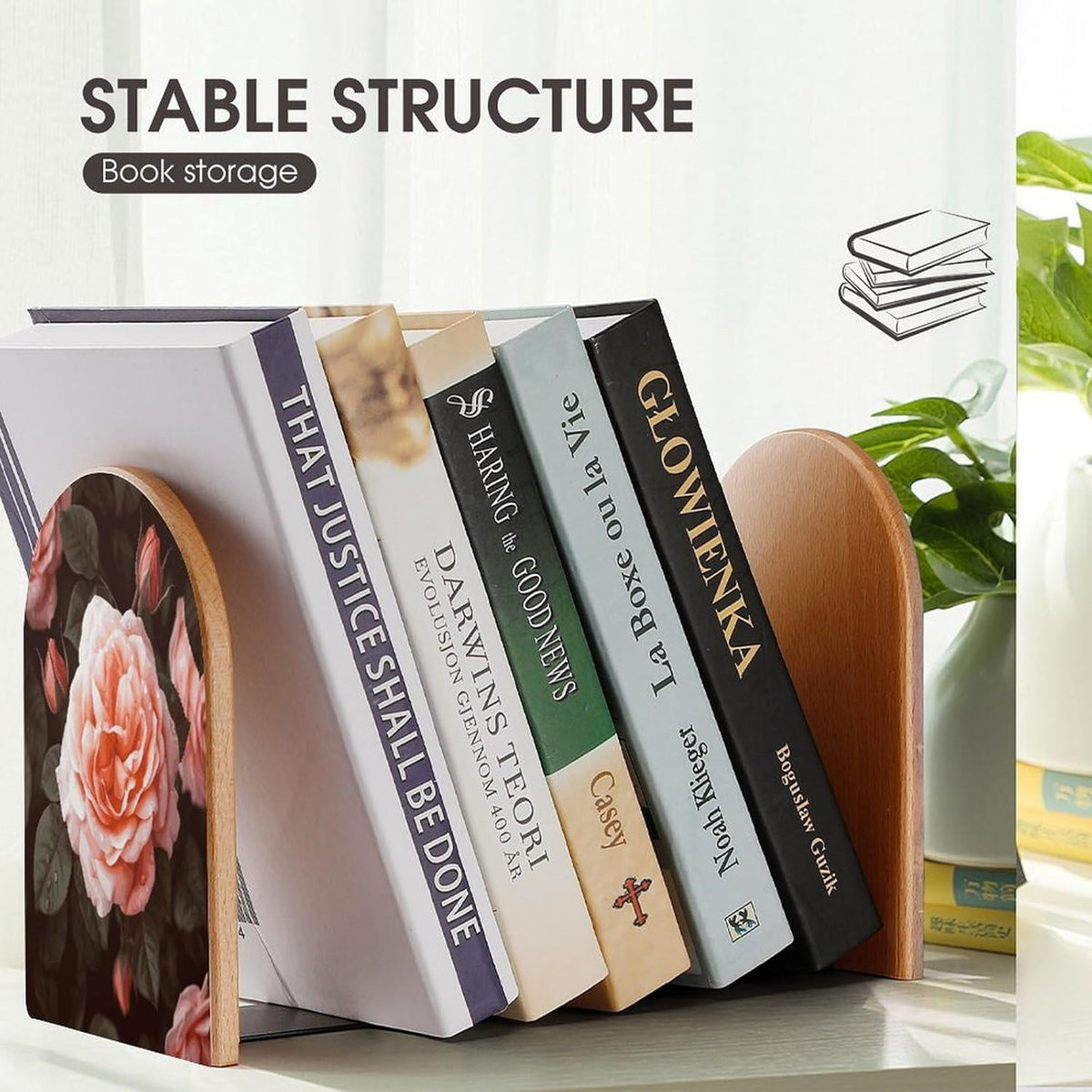 Rose Flower Wooden Bookend Non-Slip Book Ends Heavy Duty Book Stopper with Metal Base Books Holderd Decorative Bookends Stands Firmly for Office Supplies
