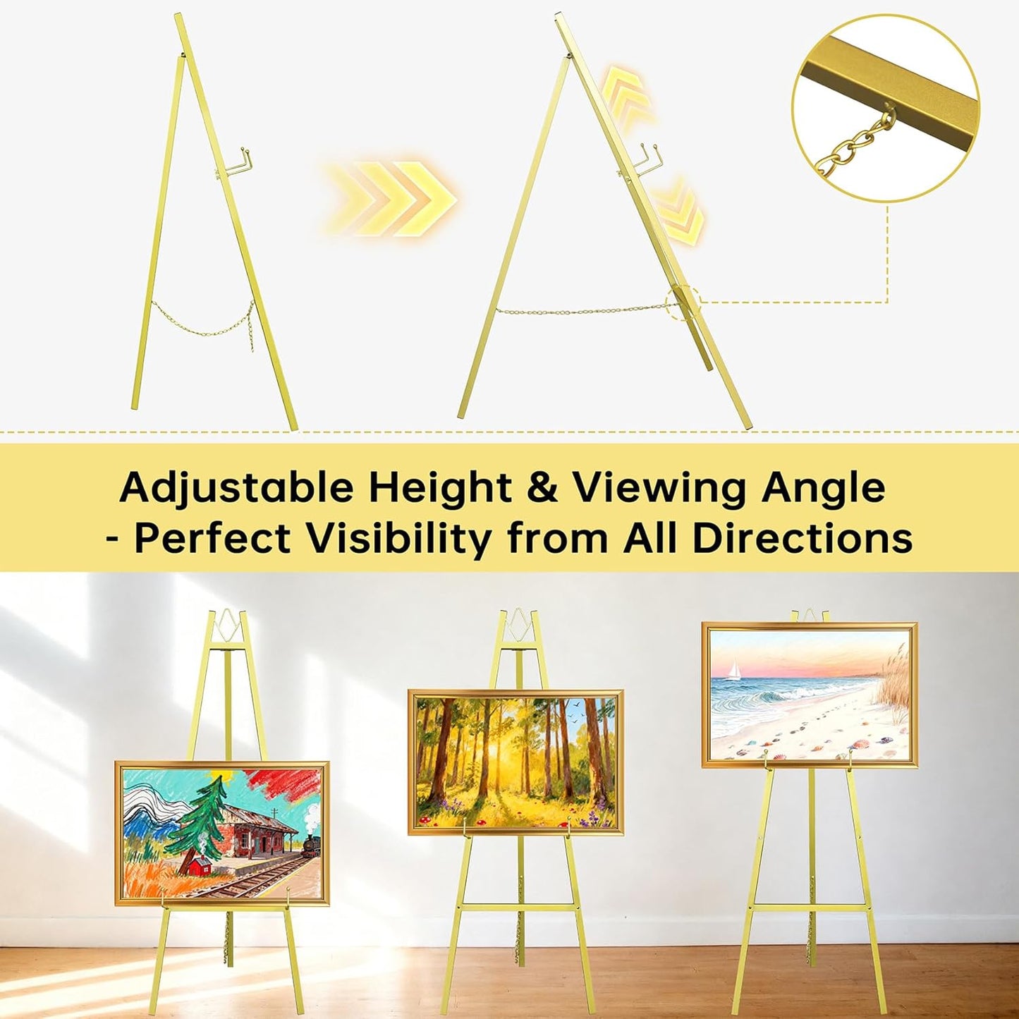 Gold Easel Stand for Wedding Signs,No Assembly Needed-46.7' Heavy Duty Adjustable Wedding Easel with Tool-Free Knobs&Adjustable Chains, Fits Welcome Signs, Posters, Paintings, Events & Art Displays