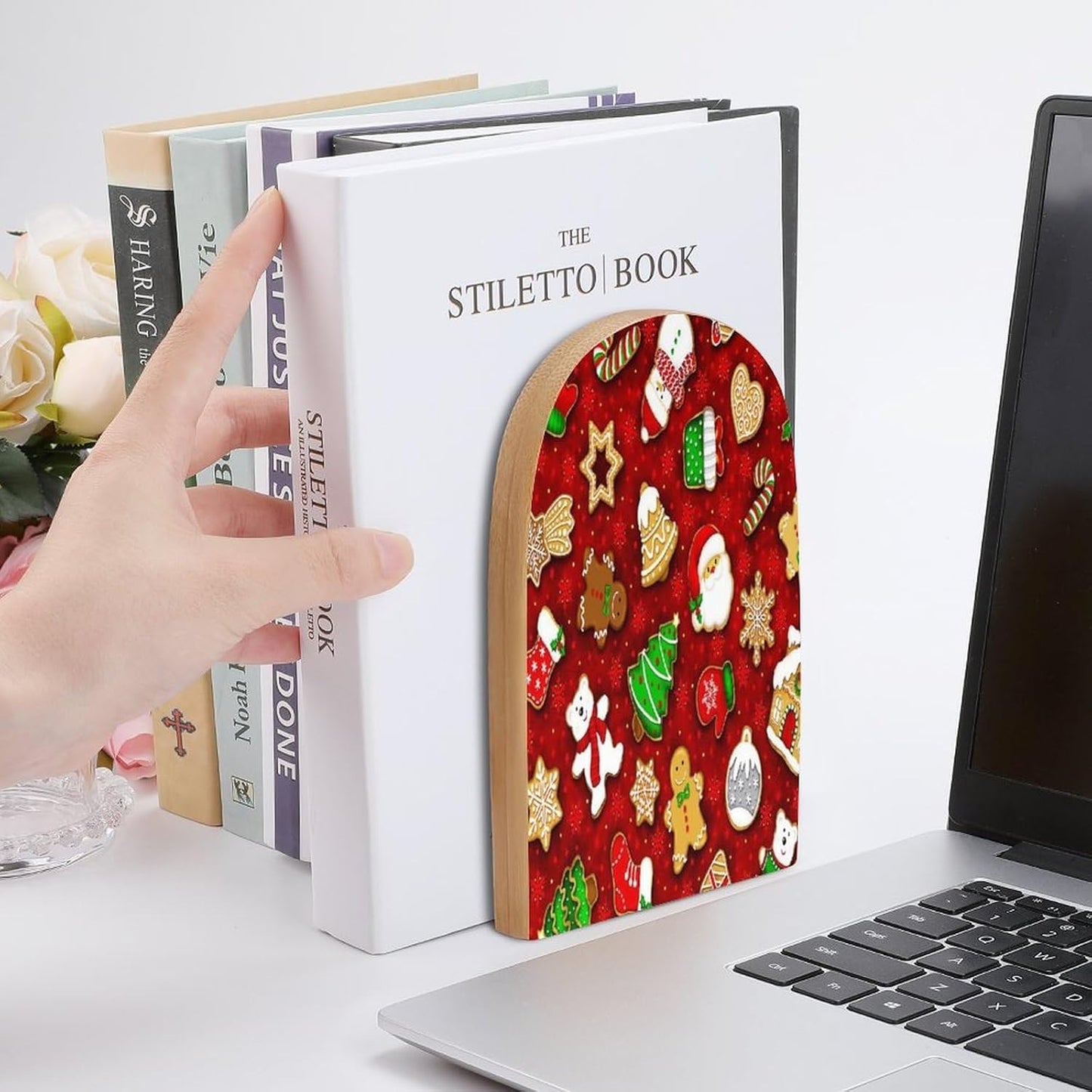Happy Christmas Wooden Bookend Non-Slip Book Ends Heavy Duty Book Stopper with Metal Base Books Holderd Decorative Bookends Stands Firmly for Office Supplies