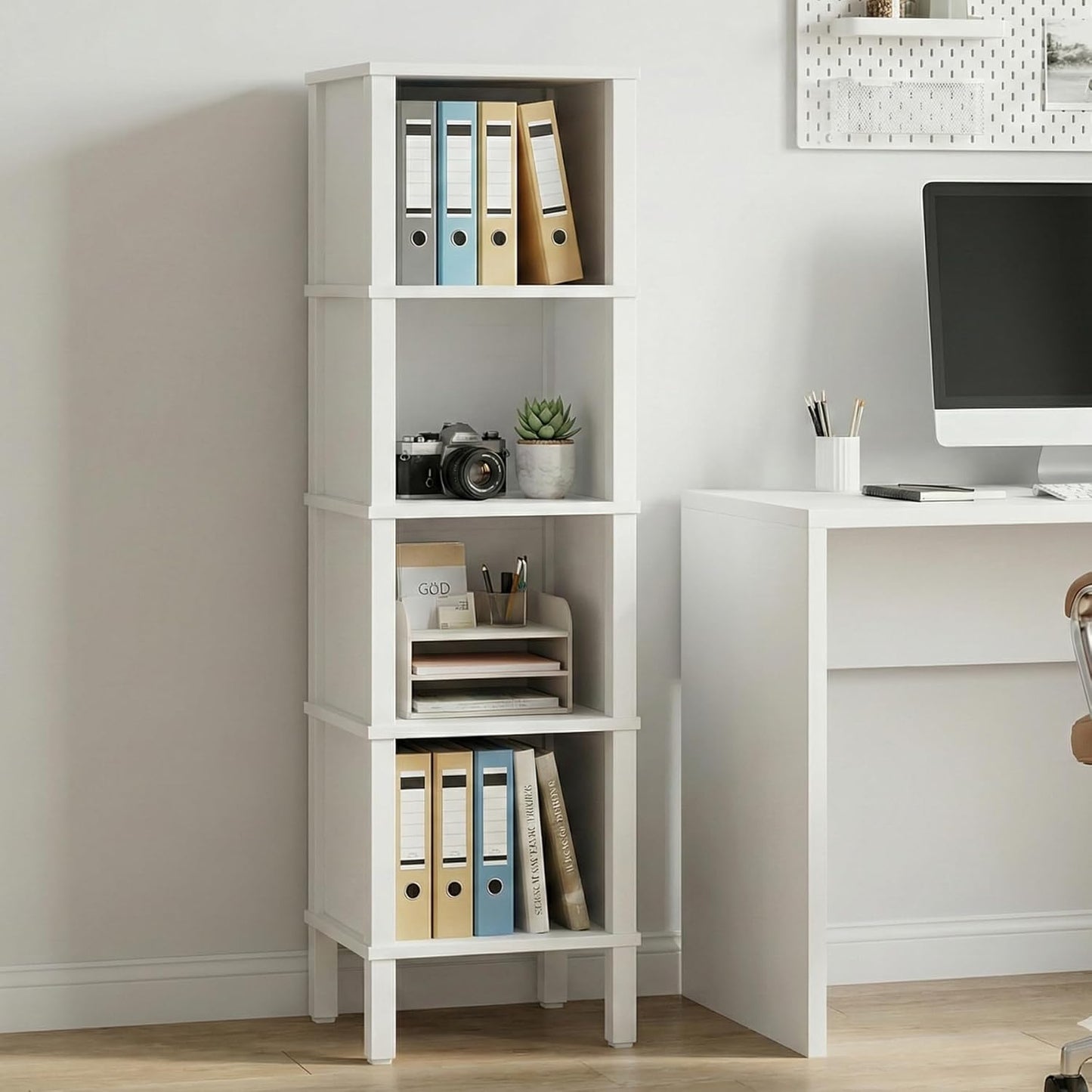 4-Tier Narrow Bookshelf for Small Spaces, Modern 4 Cube Bookcase, 14.2 x 11.2 x 52 Inches, Skinny Storage Shelving Unit, Open Display Rack for Bedroom, Living Room, Home Office,Corner (White)