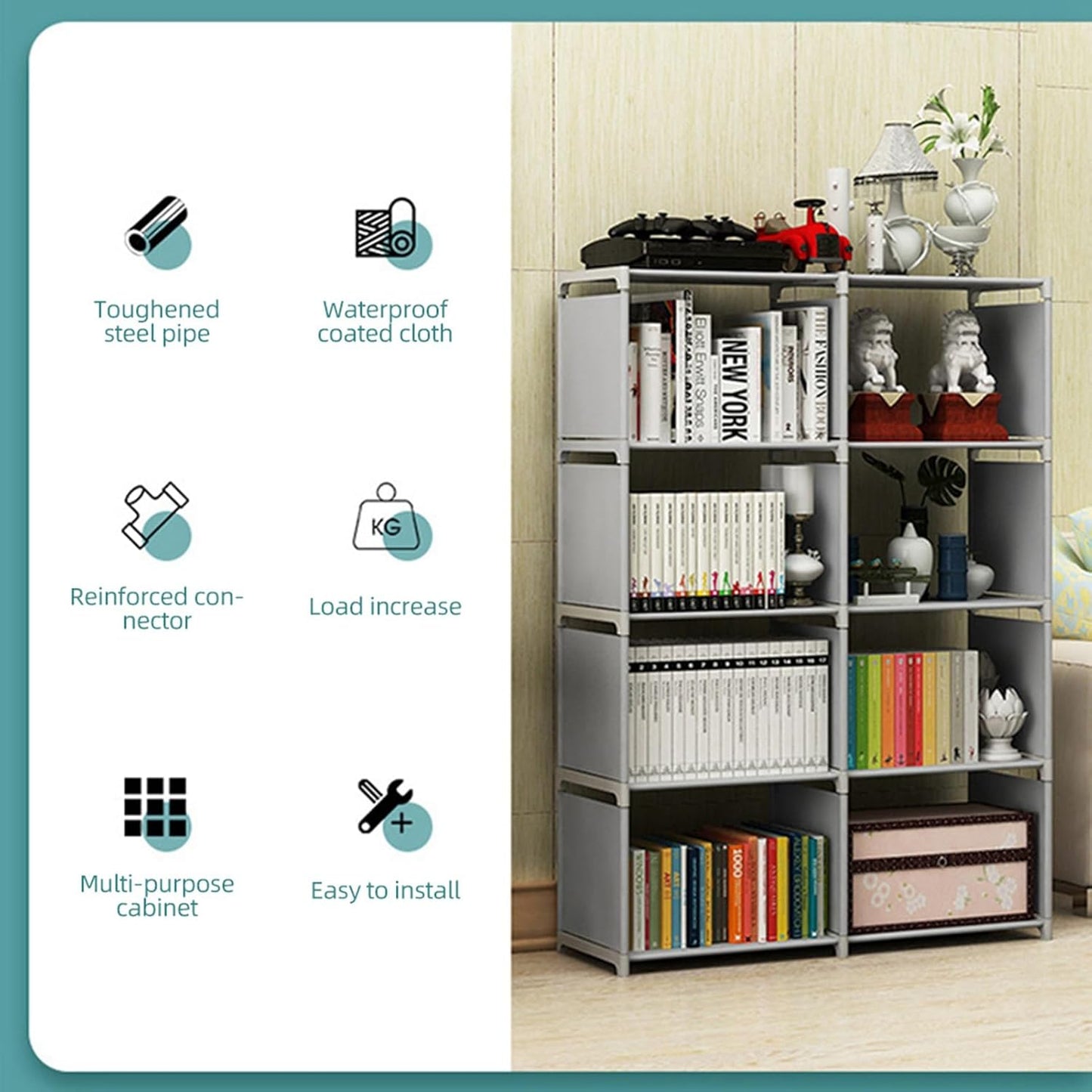 5 Tier Narrow Bookcase, 49.21x16.14x10.63in Steel Freestanding Bookcase Vertical Storage Standing Shelf for Living Room Study Room Bedroom Home Office (5 Tier Double Row)