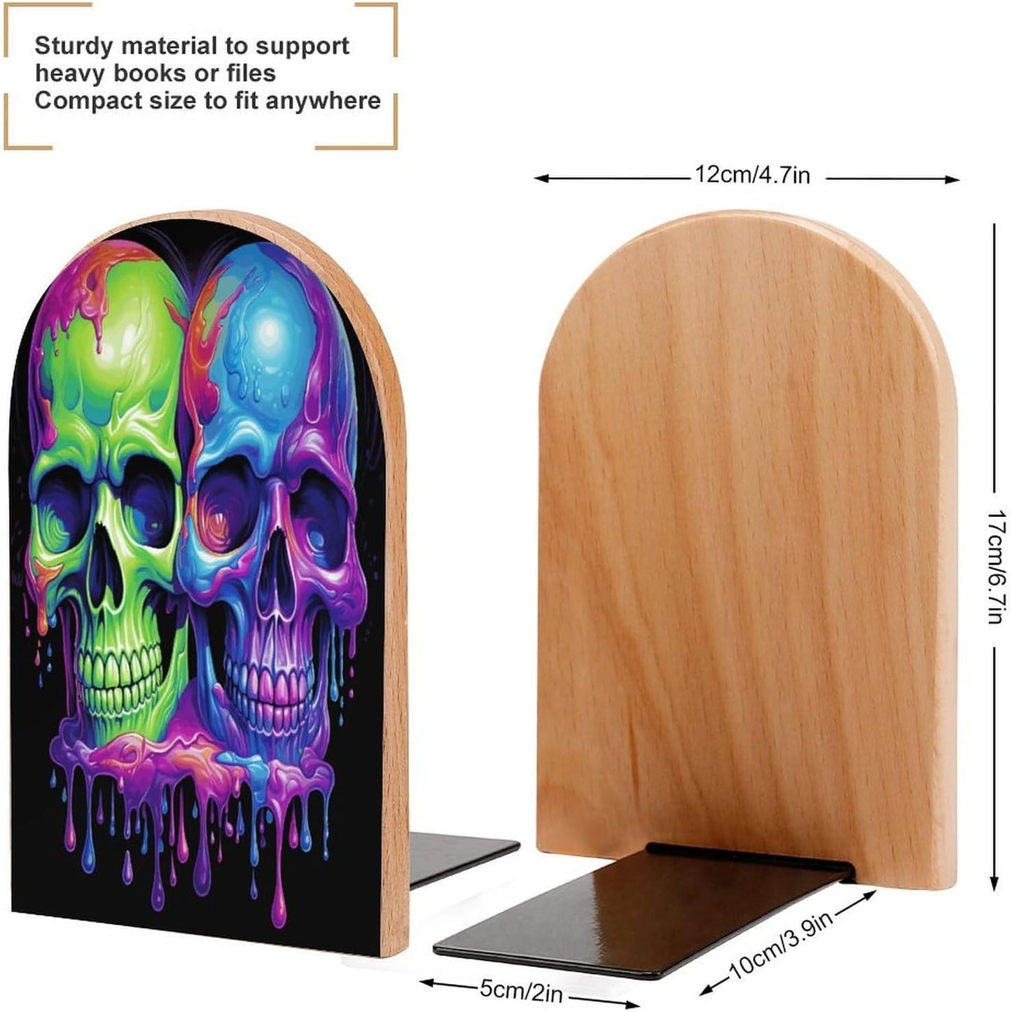 Two Colorful Skulls Bookend for Shelves Wooden Book End Large Size Sturdy Book Holders Stoppers with Metal Base for Bookshelves Slick Decorative Bookends Stands