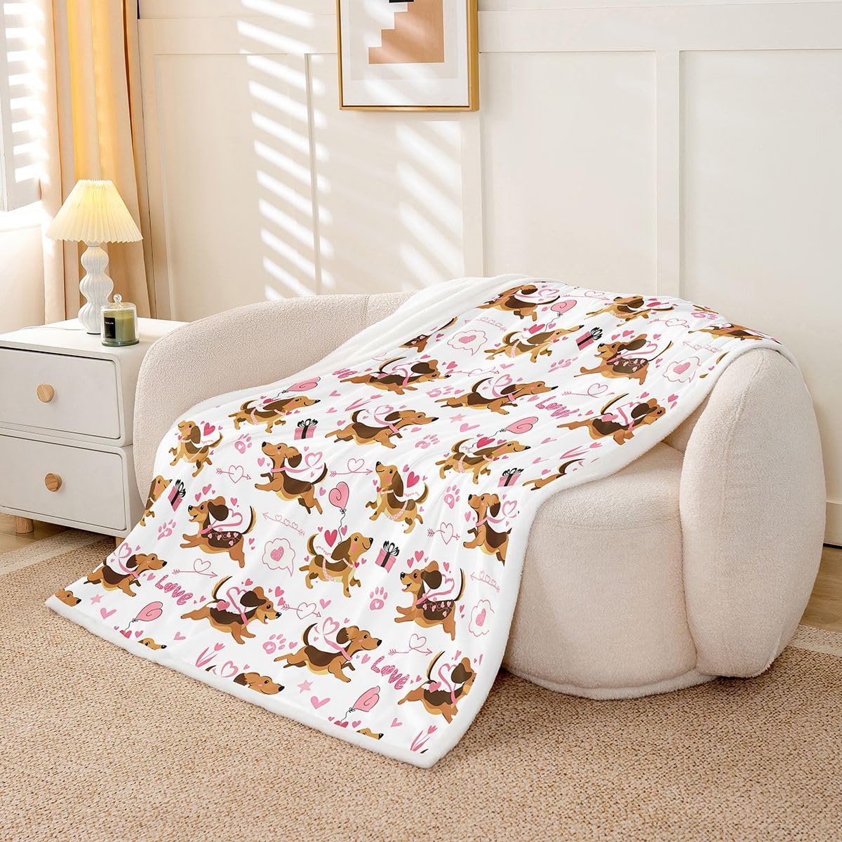 Manfei Happy Valentine's Day Kids Throw Blanket,Star Love Heart Dog Paw Romantic Bed Blanket,Dachshund Pet Animal Girls Boys Sofa Decor,Brown Pink Fuzzy Blanket,Throw Size (50 x 60 Inches)