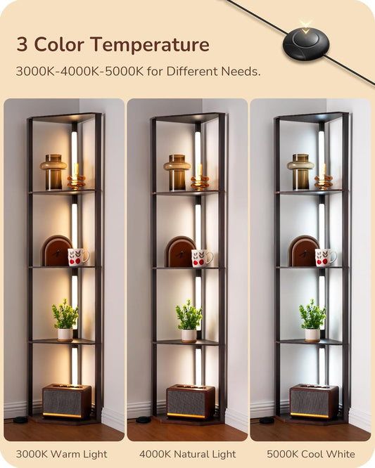 EDISHINE 64" Corner Shelf Floor Lamp for Living Room, Modern LED Corner Light with Shelves, 3CCT, Stepless Dimmable Tall Floor Light for Bedroom, Office, Dining Room, 3000K 4000K 5000K, Black Walnut