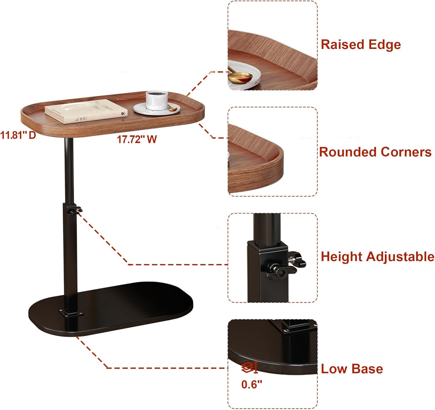 C-Shaped Side Table — Height-Adjustable, 360° Rotating, Slide-Under, for Sofa / Bed / Bathtub