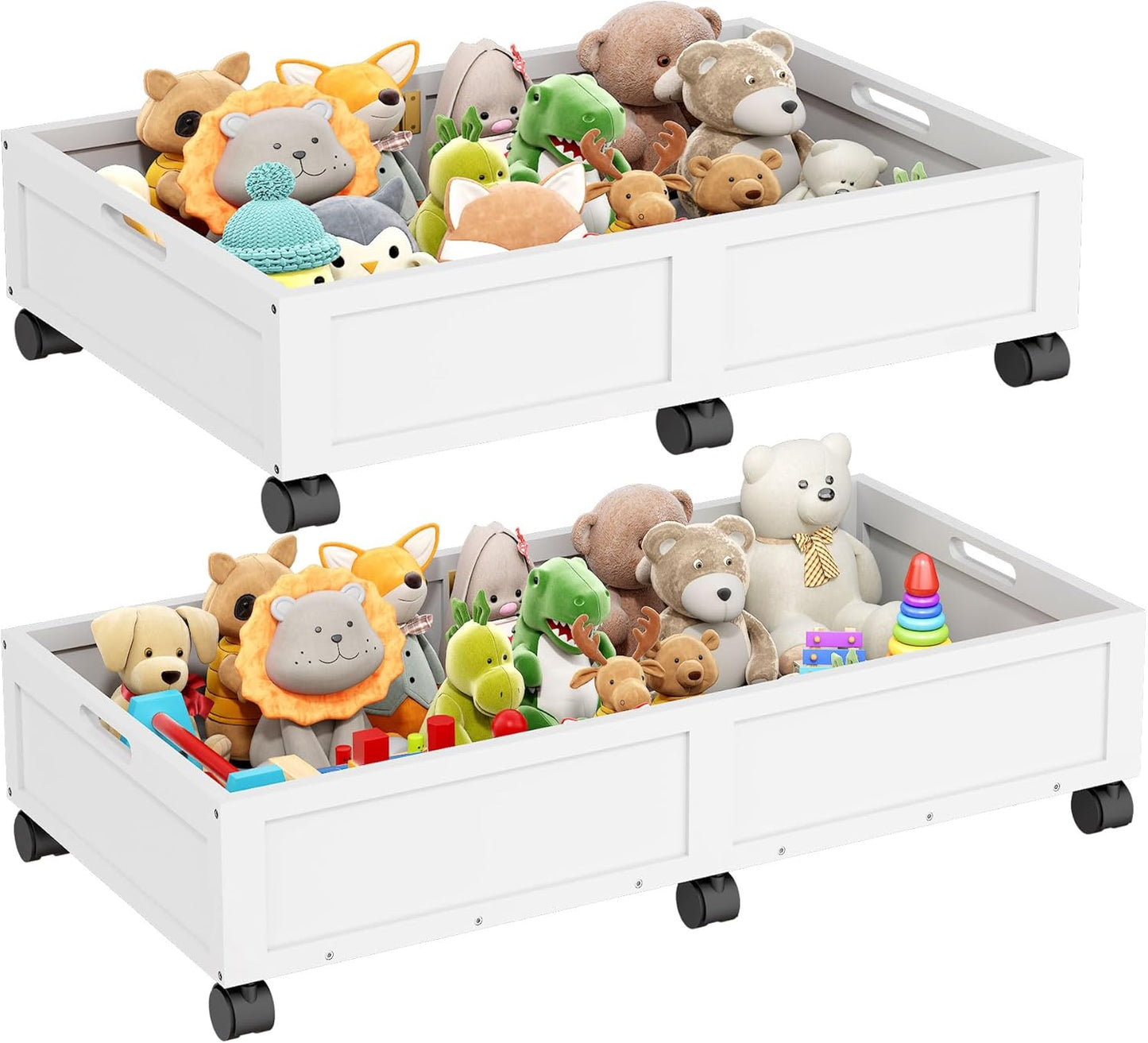 Wood Under Bed Storage Containers Underbed Organizer with Wheels Sturdy Wood Rolling Under Bed Shoe Storage Organizer 2 Packs (White, Large)