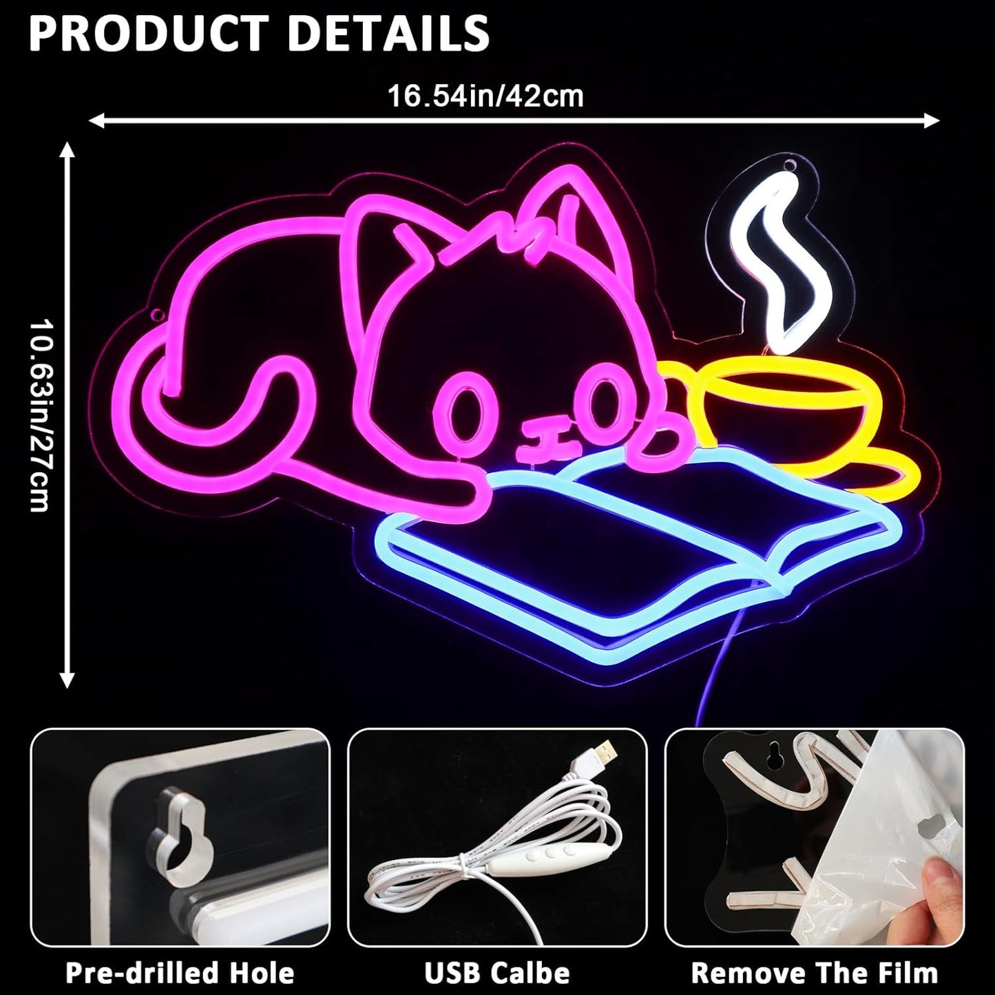 Cat Reading Book Neon Sign for Wall Decor, Cute Cat Led Signs for Library, USB Dimmable Neon Lights for Classroom Reading Cafe Corner Bedroom Study Room Home Book Club Motivational Wall Art