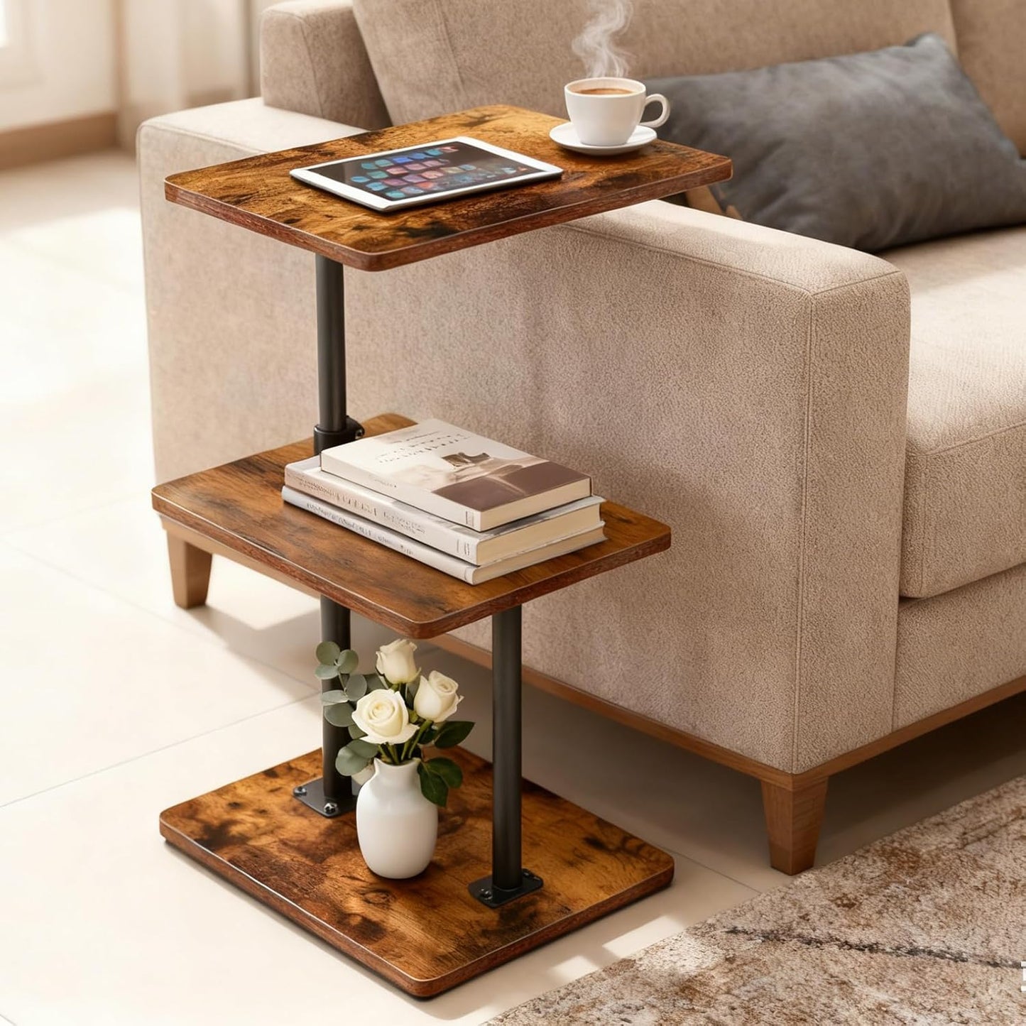 Swivel Side Table for Couch, 3 Tier Small End Table Adjustable Height with Rotatable Tray, Space Saving Nightstand with Storage Shelf for Living Room, Bedroom, Small Spaces