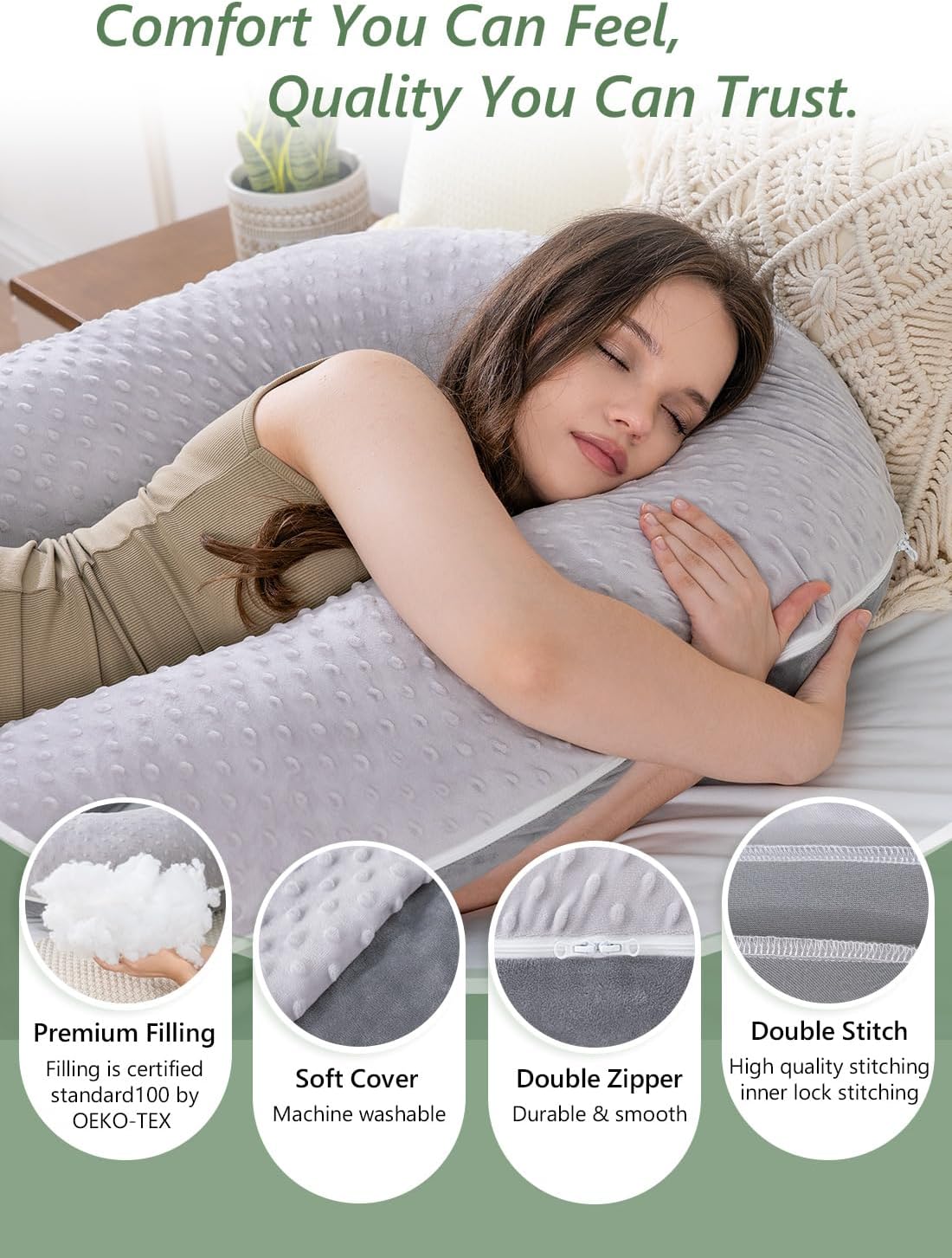Meiz Question Mark Body Pillow for Adults & Couples, Dual-Sided Velvet Long Bolster Pillow with Detachable Heart Cushion for Hugging, Full Body Support Pillow for Side Sleepers & Back Support