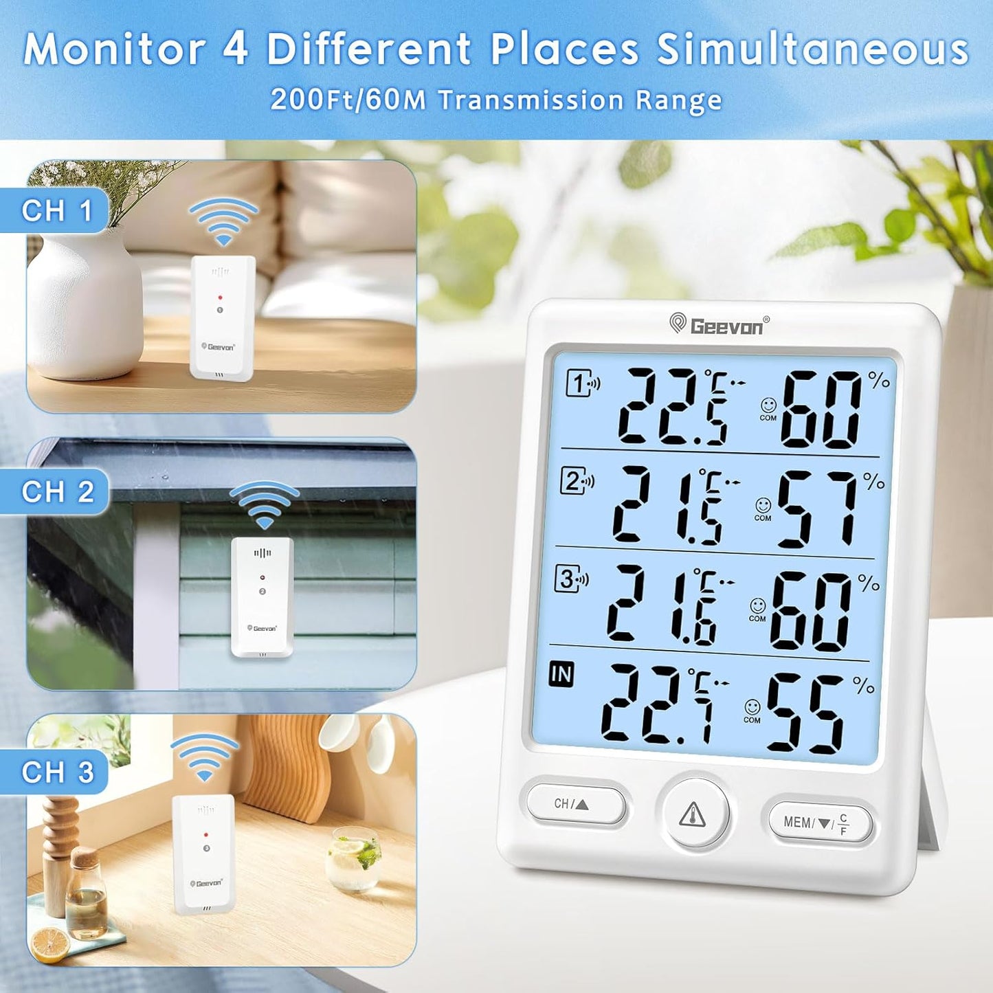 Geevon Indoor Outdoor Thermometer Wireless with 3 Remote Sensors, Digital Hygrometer Indoor Thermometer, Temperature Humidity Monitor Gauge with 200FT/60M Range (8649-WH)