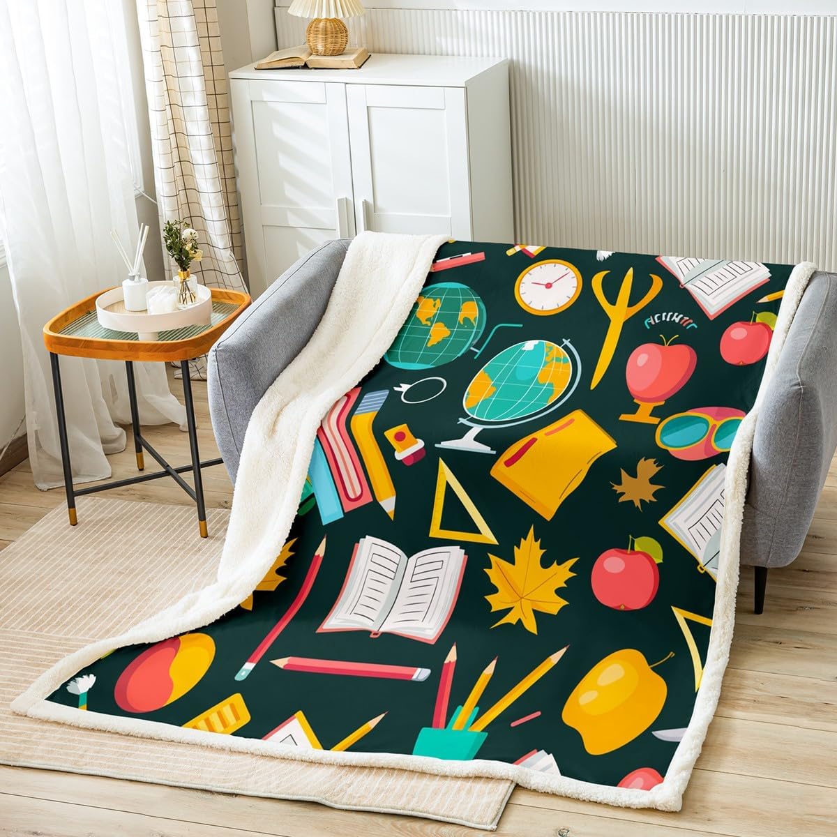 Erosebridal School Supplies Throw Blanket Drawing Board Paintbrush Fleece Blanket,Students School Study Blanket Fine Arts.Themed Blanket 50"x60",Globe Crayon Compasses Set Square Dorm Room Decor