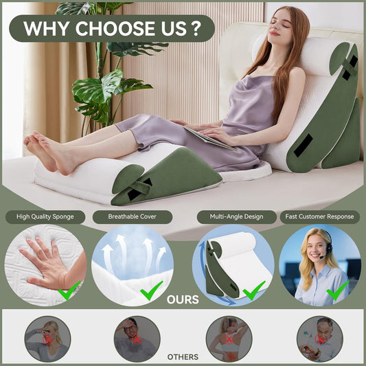 Wedge Pillow Set for After Surgery, 6 PCS Bed Wedge Pillow for Sleeping, Memory Foam Orthopedic Back Pillow for Pain Relief and Acid Reflux, Adjustable Post Surgery Pillow Green