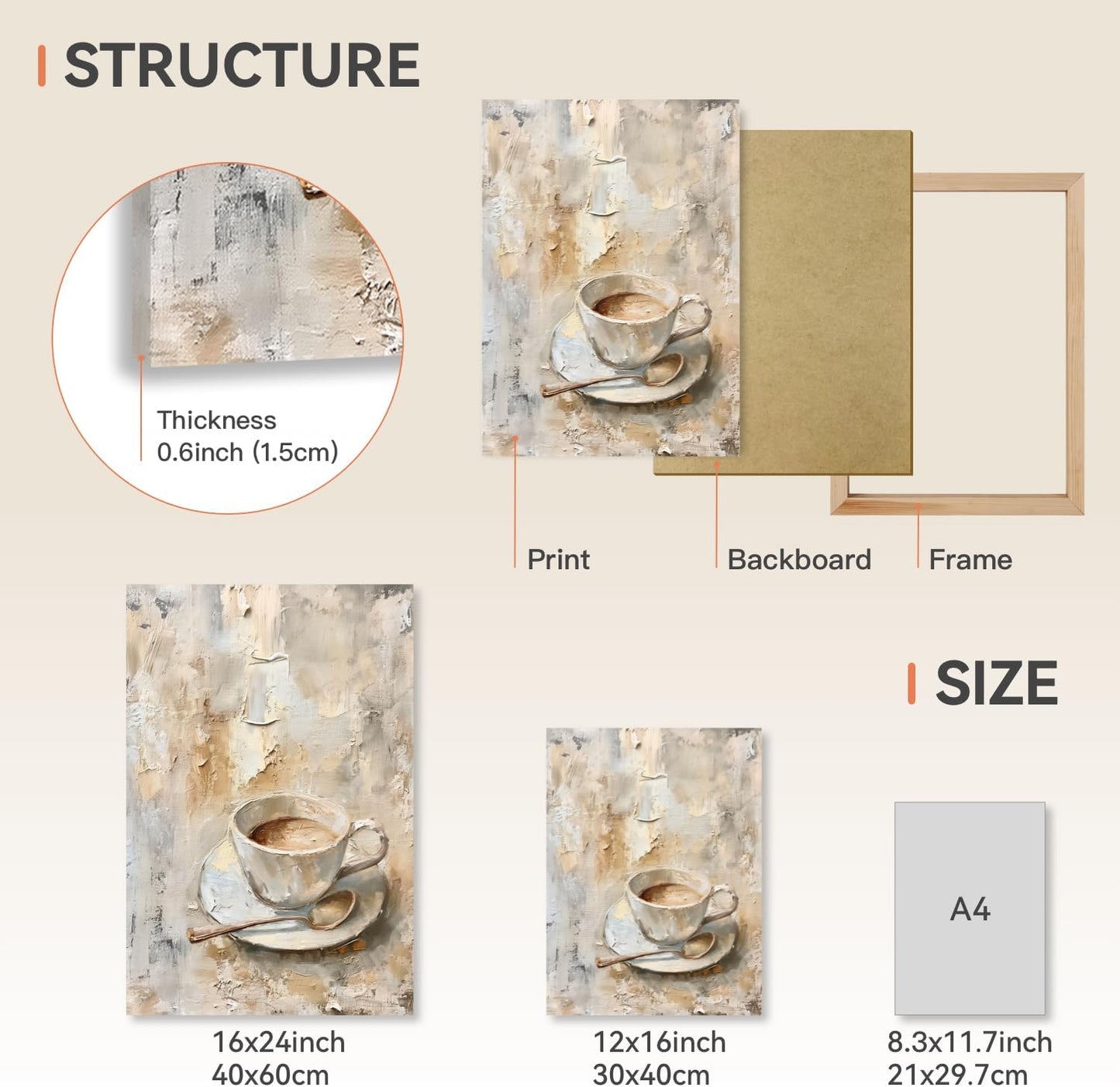 CAZLOUC Vintage Coffee Wall Art, Beige Gray Minimalist Still Life Canvas Painting, Retro Espresso Poster Print, Coffee Lover Gifts for Office Dining Room Cafe Bar Decoration Framed 16x24 Inch