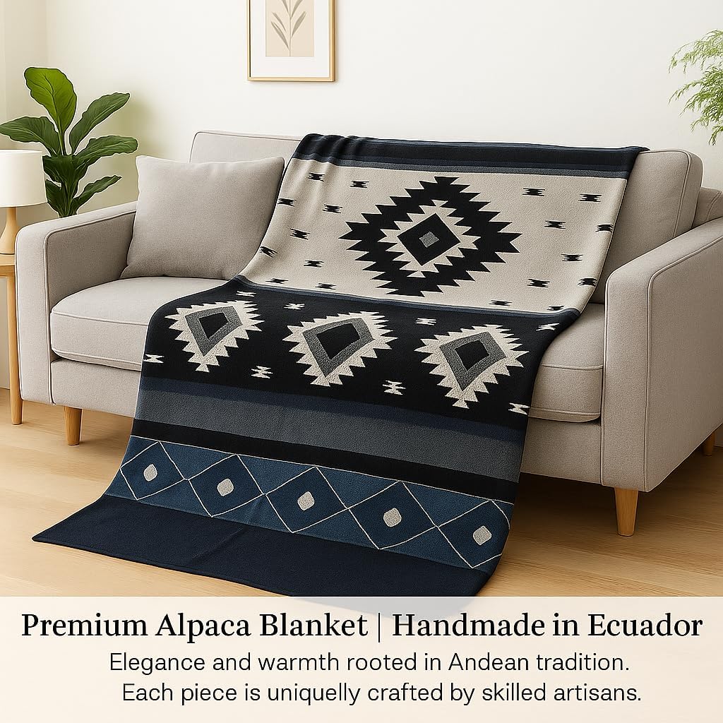 Alpaca Wool Blanket, King Size, Reversible 2 in 1, Thick and Ultra Soft, Hypoallergenic, Non-Itchy, Handmade in Ecuador. Premium Alpaca Wool Thtow Blanket for Cozy Comfort. Blue