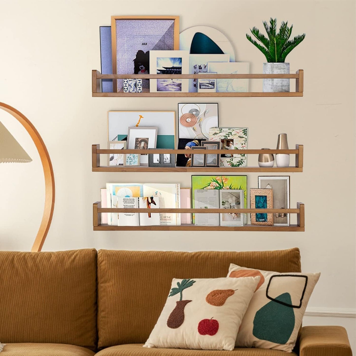 AZSKY Light Walnut Nursery Book Shelves 36 in Floating Wall Mounted Bookshelf Kids Room Hanging Shelves Books Storage Organizer a Set of 3