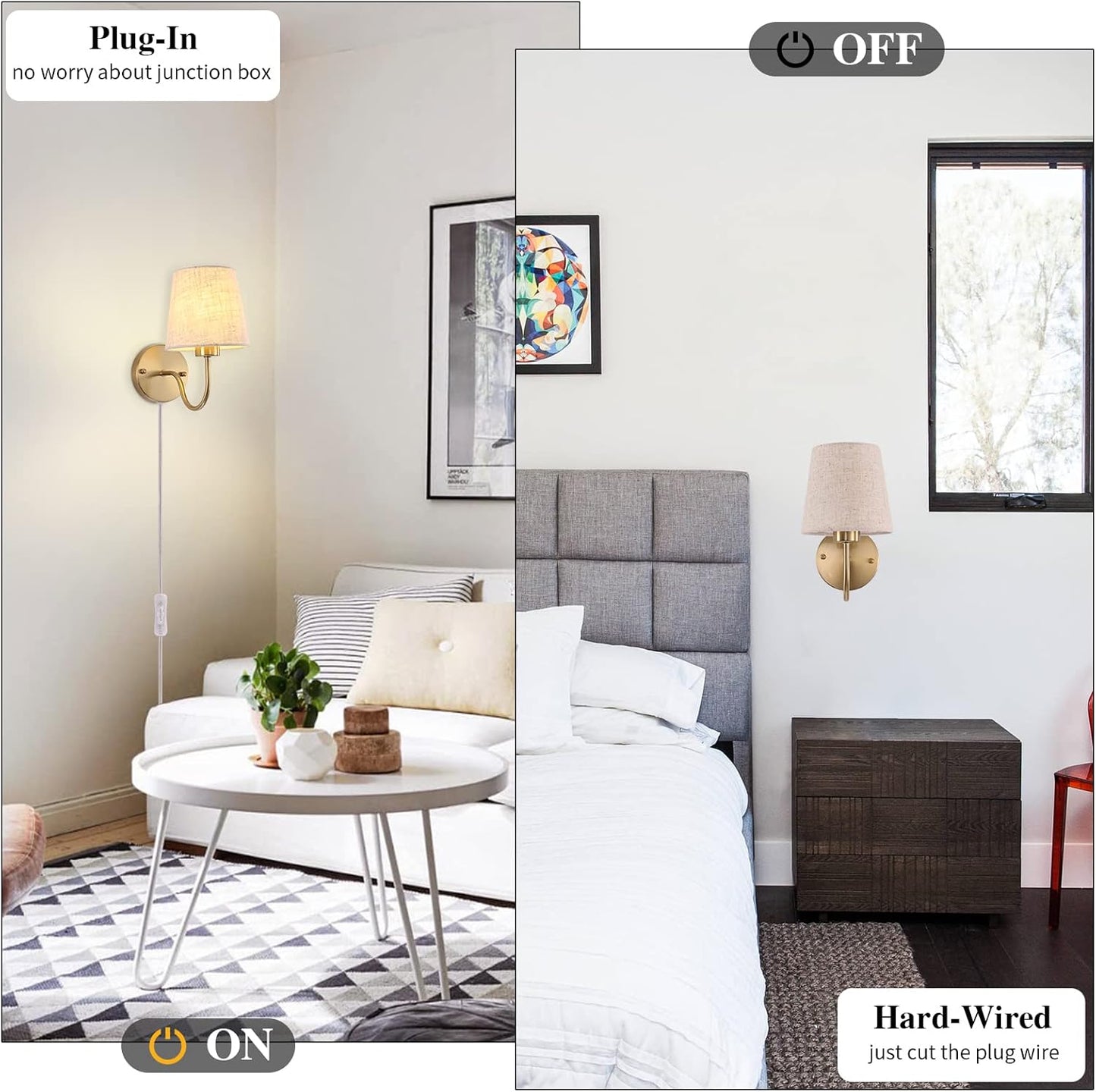 LASENCHOO Plug in Wall Sconces Set of Two, Modern Wall Lamp with Plug in Cord 6.56ft & On/Off Switch with Fabric Lampshade, Gold Sconces Wall Lighting Fixture for Bedroom Bedside Living Room Porch