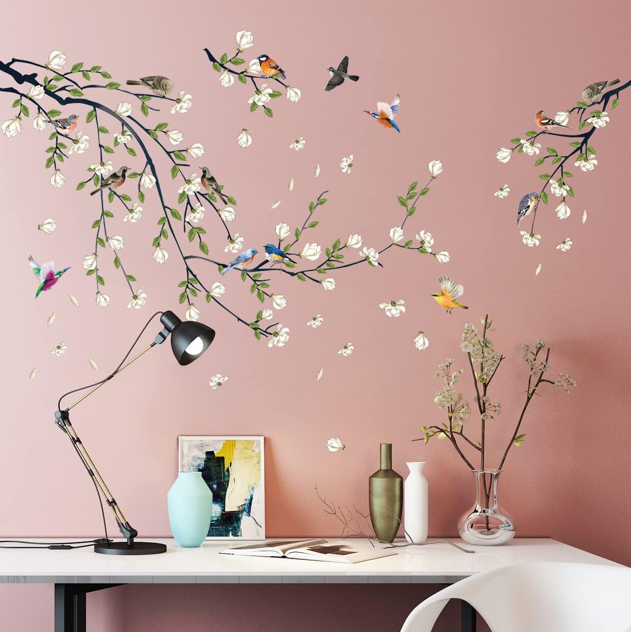 4 Sheets Magnolia Branches Wall Decals White Flowers Wall Stickers DIY Removable Colorful Birds Wall Sticker Petals Falling Home Decoration for Girls Bedroom Living Room Kitchen Bathroom TV Background