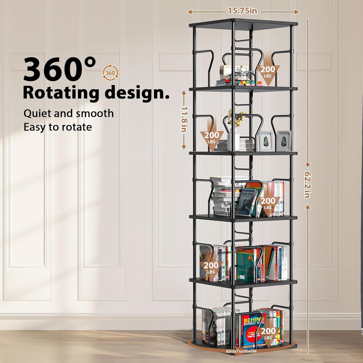 5 Tier Square Rotating Bookshelf Tower, Spinning Bookshelf, 360° Display Round Bookcase, Floor Standing Corner Revolving Bookshelf Organizer Storage Rack for Home Study Office, Small Spaces