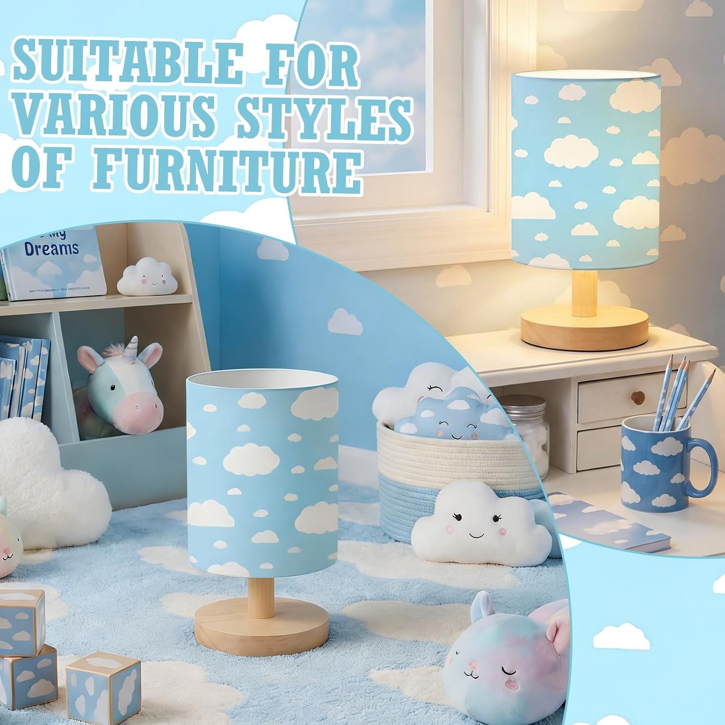 VIHOSE Cloud Kids Table Lamp for Bedroom Kids Bedside Lamp with Linen Wooden Nightstand Cartoon Nursery Lampshade for Girls Boys Living Room