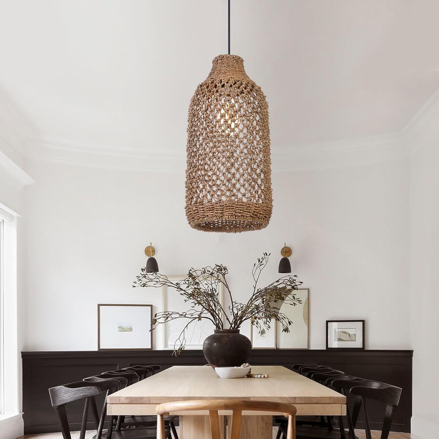 Arturesthome Boho Rattan Pendant Light Fixtures, Farmhouse Natural Ceiling Chandelier Lighting,Retro Wicker Hanging Lamp for Kitchen Dining Room 8.6"*19.6"