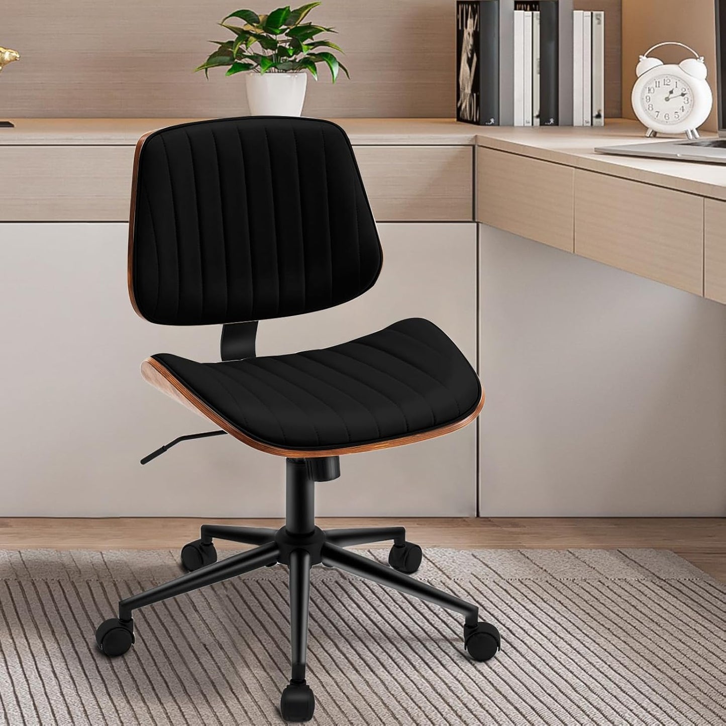 Armless Desk Chair with 360°Swivel Wheels, Ergonomic Adjustable Height Computer Chair for Home Office,PU Leather with Modern Walnut Drafting Chairs for Office, Reading Nook(Black)