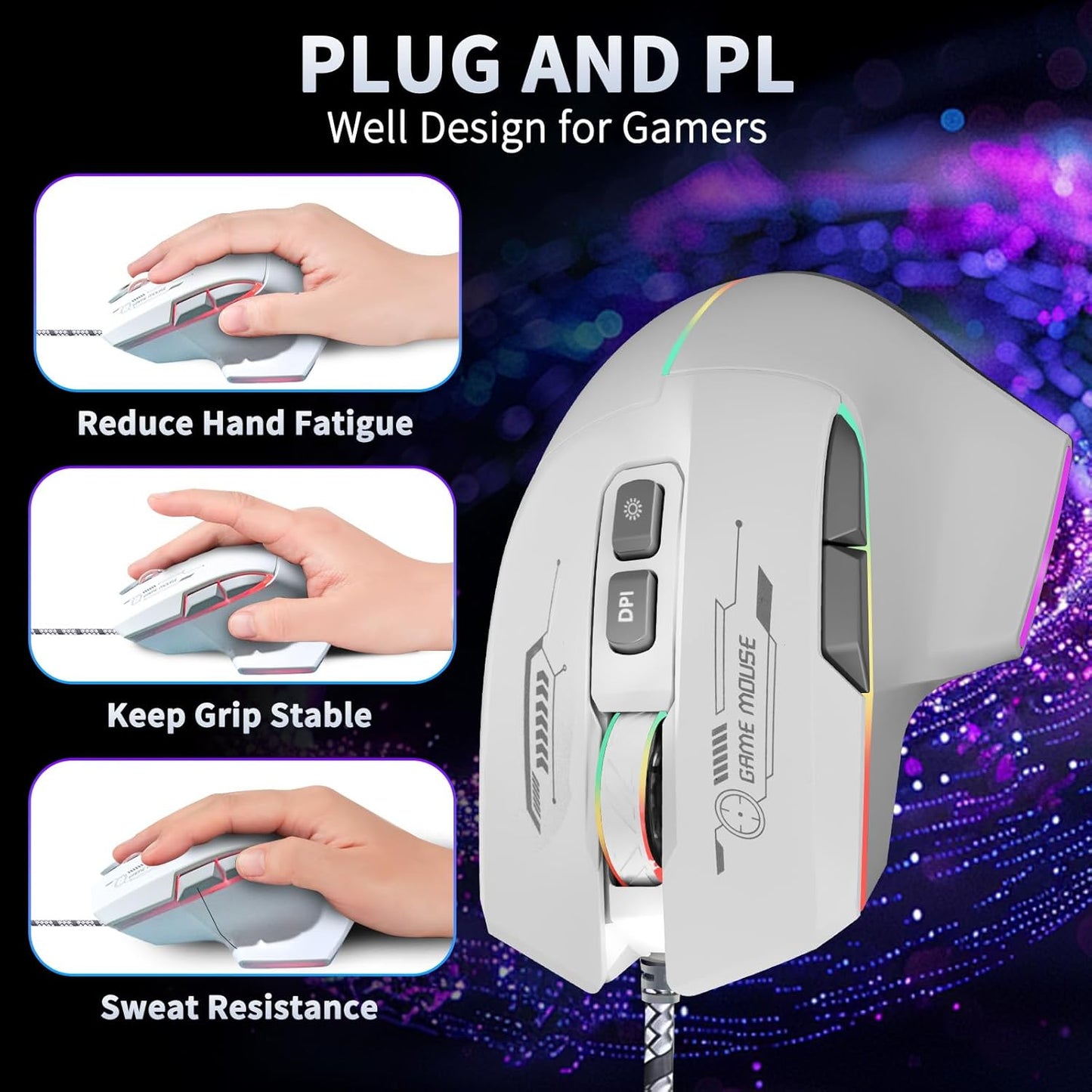 Gaming Mouse, Wired Gaming Mouse with RGB Backlit, 7200DPI Adjustable, PC Gaming Mice with 7 rogrammable Macro Buttonsg, Ergonomic Mouse Gamer for PC, Desktop, Mac，Laptop, Chromebook.