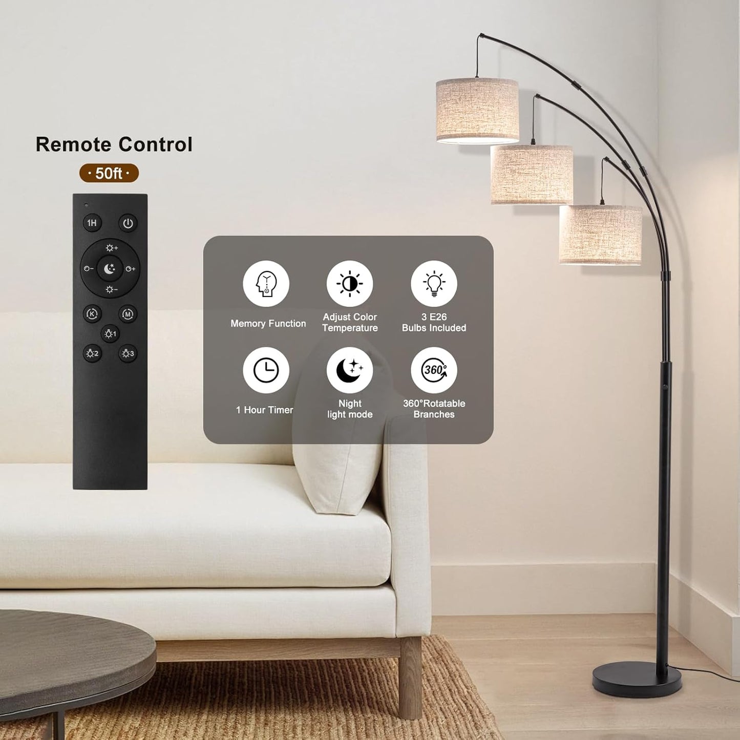 Floor Lamps for Living Room, 2400LM Super Bright Arc Floor Lamp with Remote Control, 3 Light Tall Floor Lamps with Stepless Dimmable, 80" Mid Century Tree Floor Lamp for Bedroom, Office
