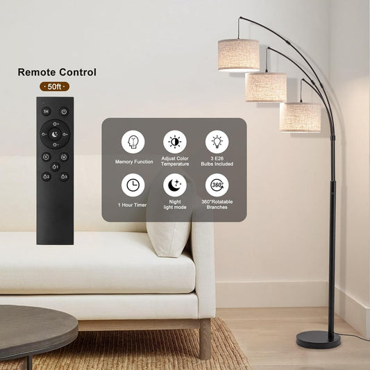 Floor Lamps for Living Room, 2400LM Super Bright Arc Floor Lamp with Remote Control, 3 Light Tall Floor Lamps with Stepless Dimmable, 80" Mid Century Tree Floor Lamp for Bedroom, Office