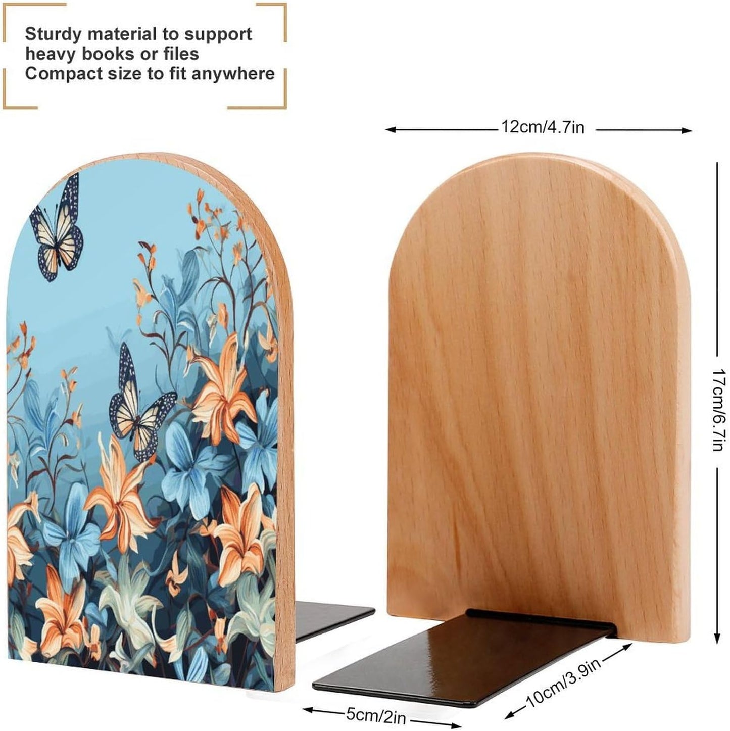 Blue Butterfly Floral Bookend for Shelves Wooden Book End Large Size Sturdy Book Holders Stoppers with Metal Base for Bookshelves Slick Decorative Bookends Stands
