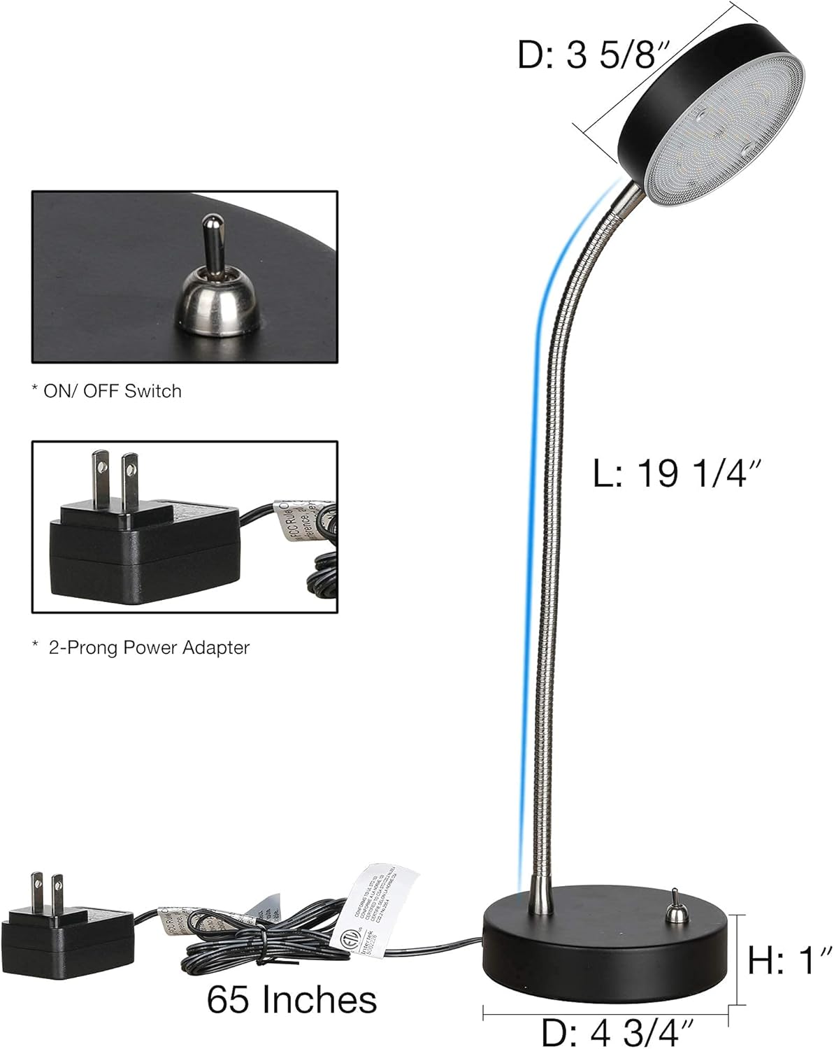 19.25" Flexible Gooseneck LED Desk Lamp, Plun-in Table Light with Stable Base, 4.5W 260LM 4000K, 65” Cord Small Desk Light for Home Office, Study, ETL Listed