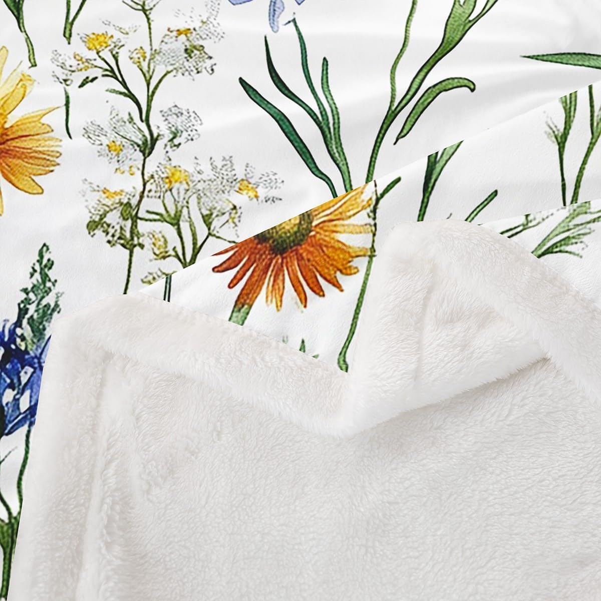 Watercolor Chamomile Plush Couch Blanket - Clover Fleece Throw - Decorative Botanical Floral Sherpa - Blossom Wild Flowers - Fuzzy Colorful Queen 90x90 Inch