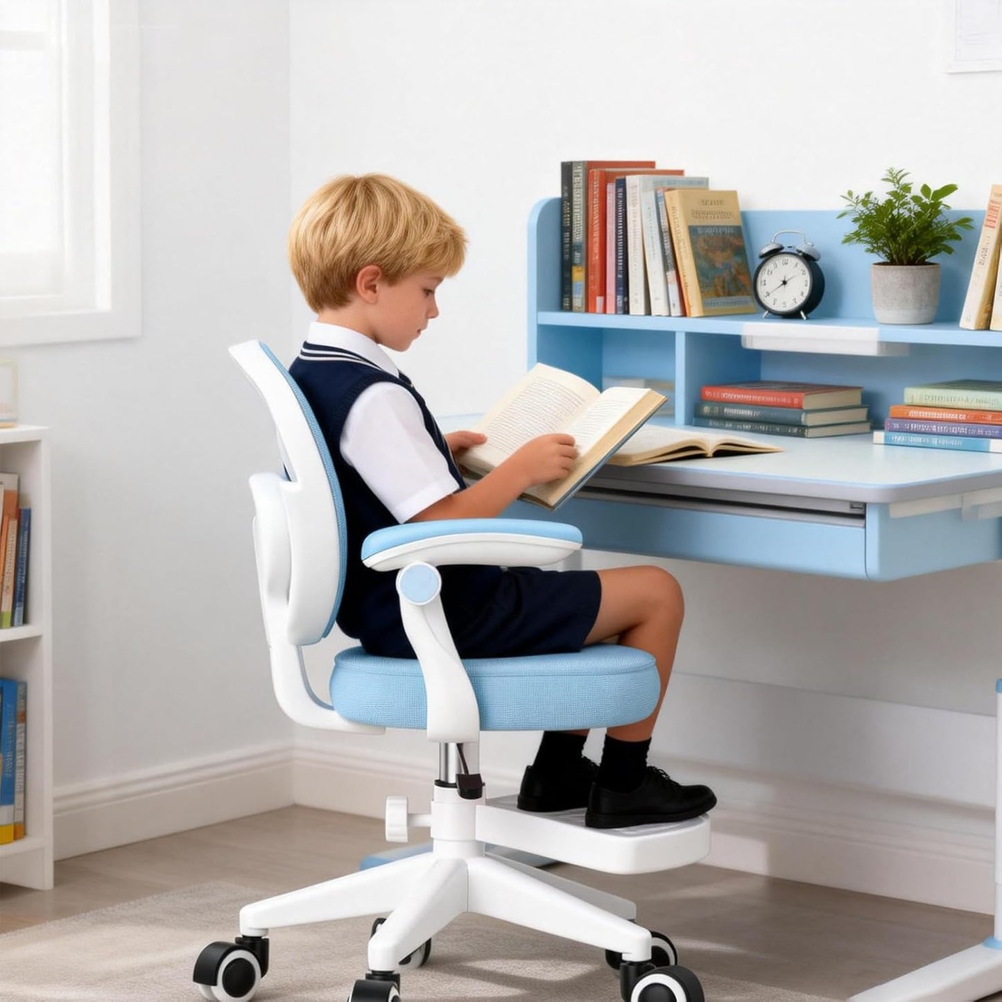 Adjustable Kids Desk Chair, Ergonomic Children Study Computer Chair with Footrest & Flip-up Armrest, Mesh Student Teen Task Chair with Wheels, Kids Office Chair for Boys Girls Age 4-12 Home (Blue)